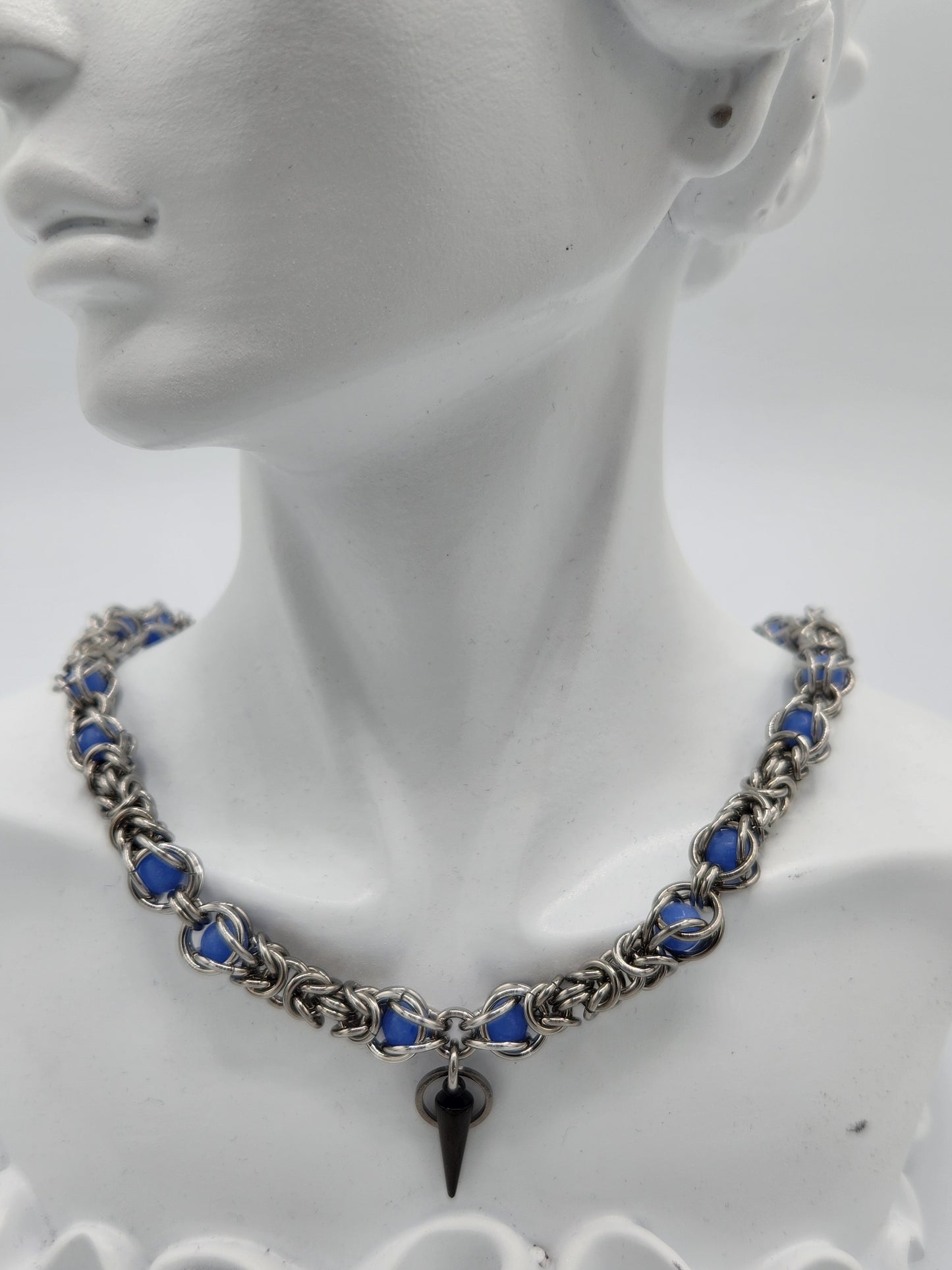 Stainless Steel and Captured Blue Glow Bead Necklace