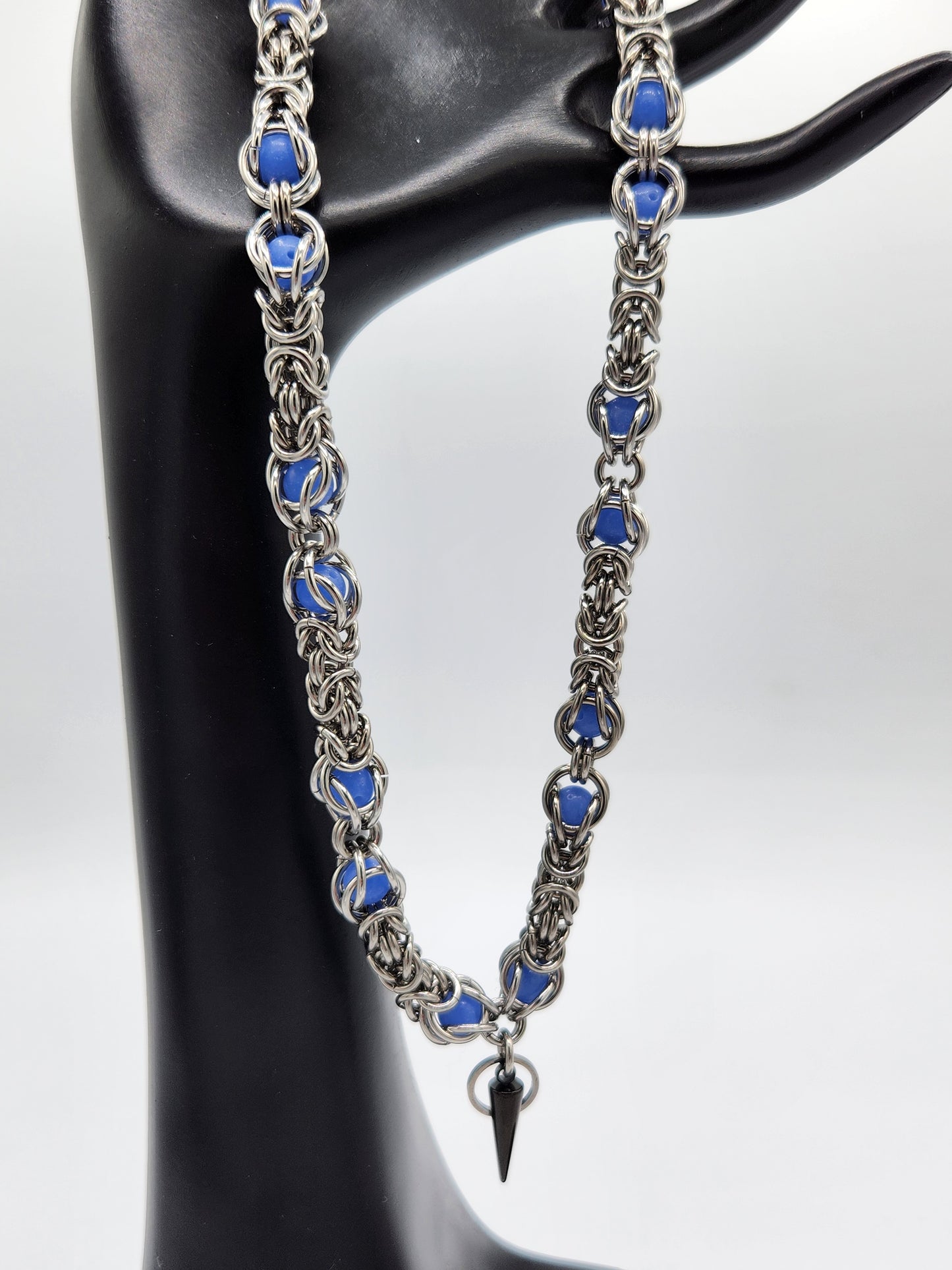 Stainless Steel and Captured Blue Glow Bead Necklace