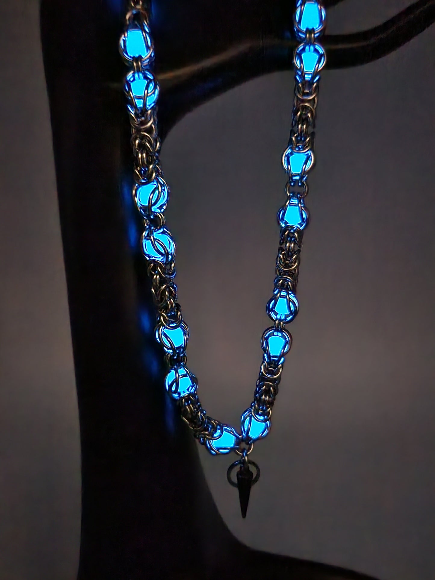 Stainless Steel and Captured Blue Glow Bead Necklace