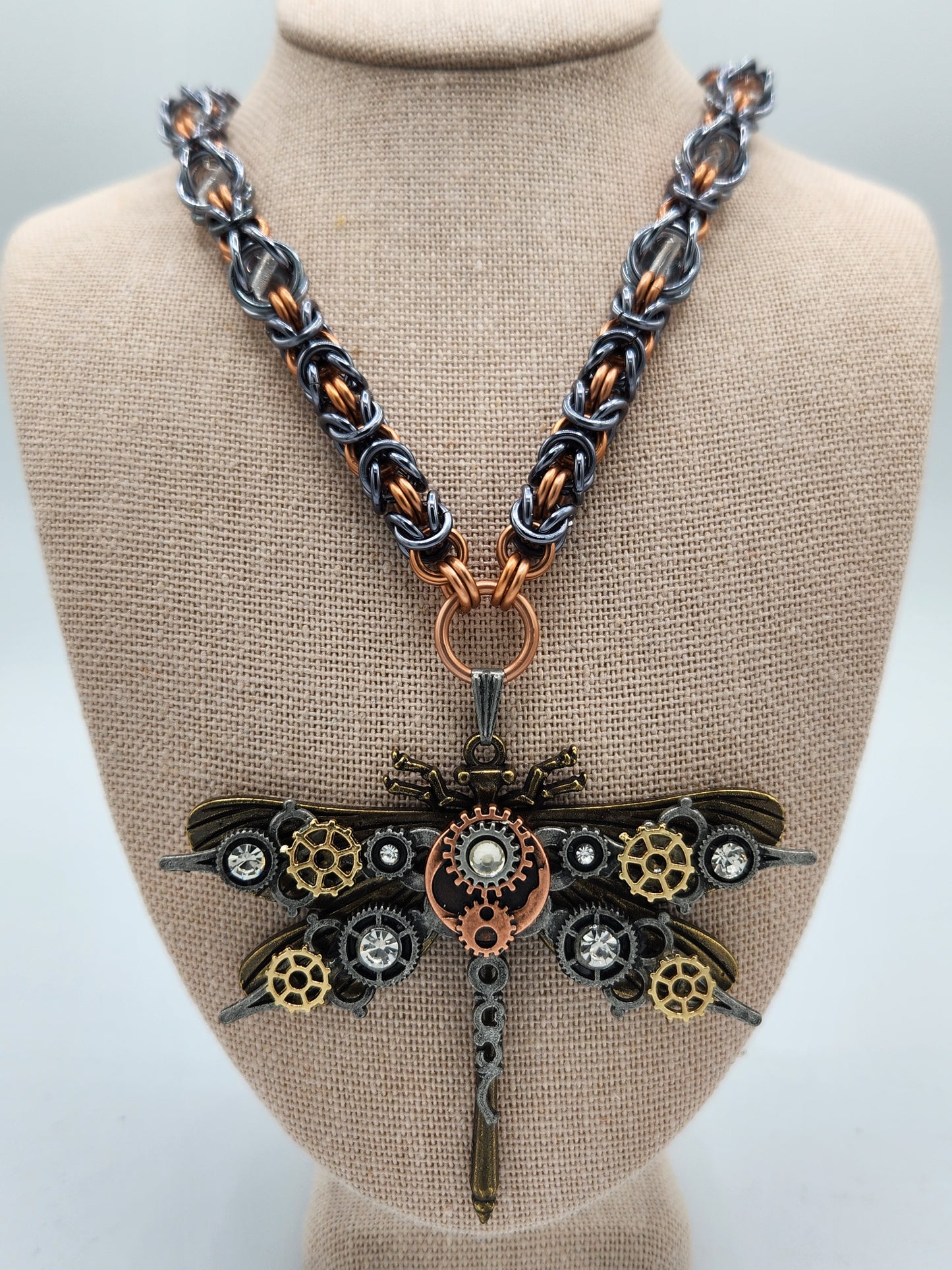 Copper and Black Ice Chain Necklace with a Steampunk Dragonfly