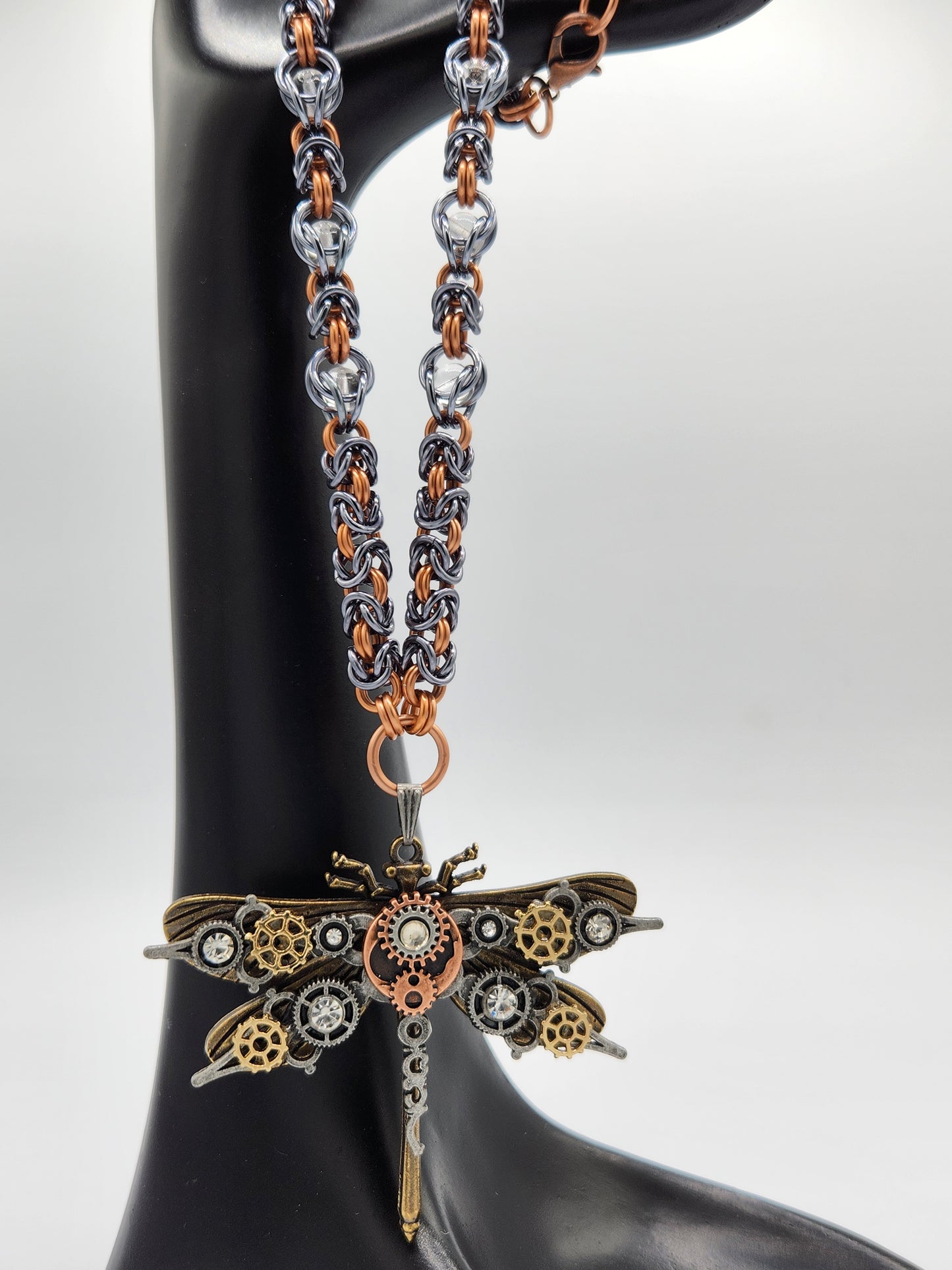 Copper and Black Ice Chain Necklace with a Steampunk Dragonfly