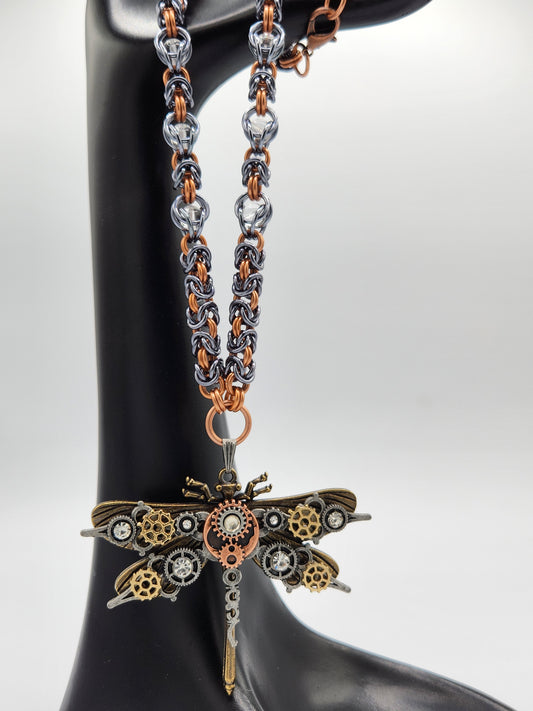 Copper and Black Ice Chain Necklace with a Steampunk Dragonfly