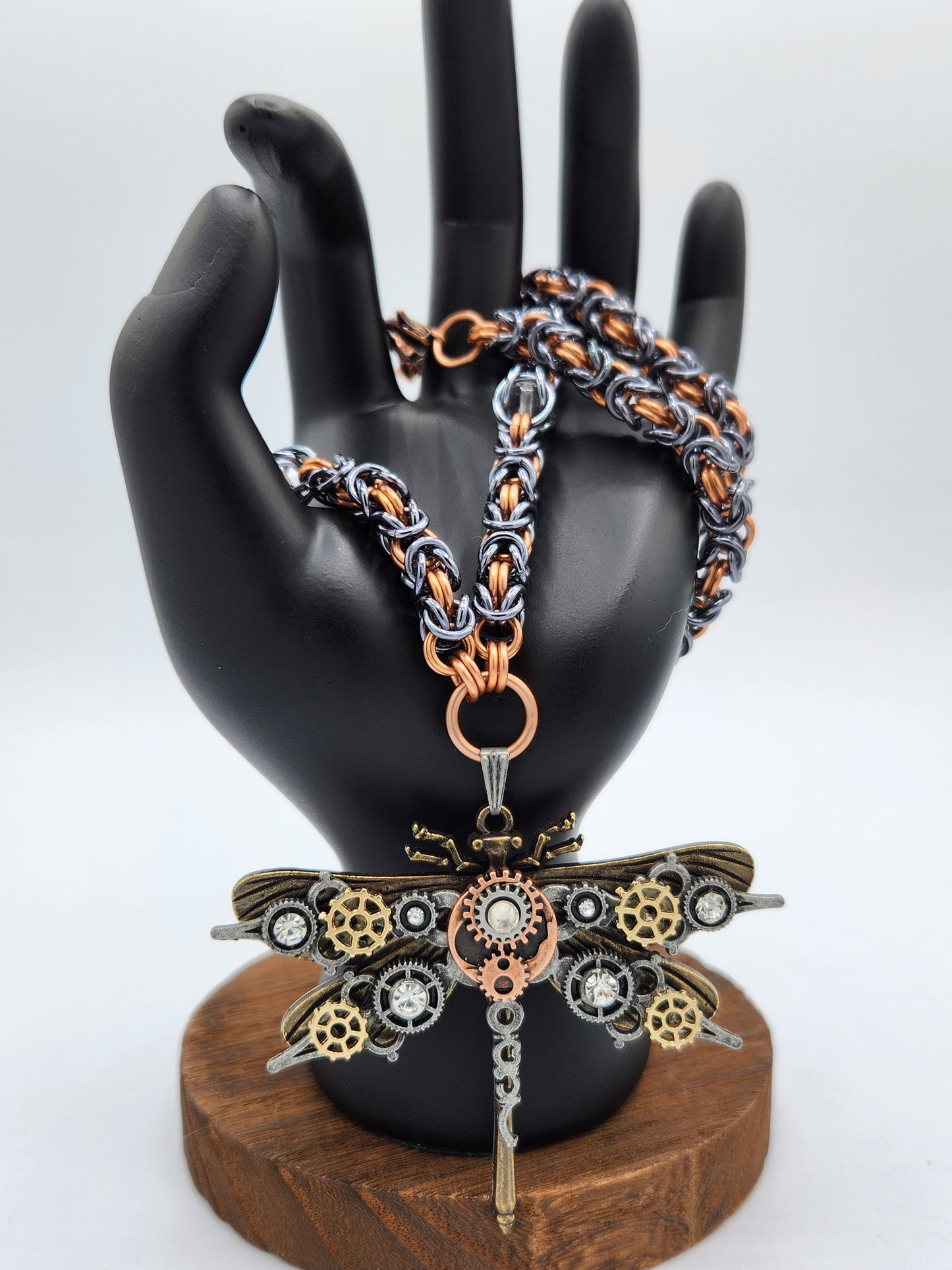 Copper and Black Ice Chain Necklace with a Steampunk Dragonfly