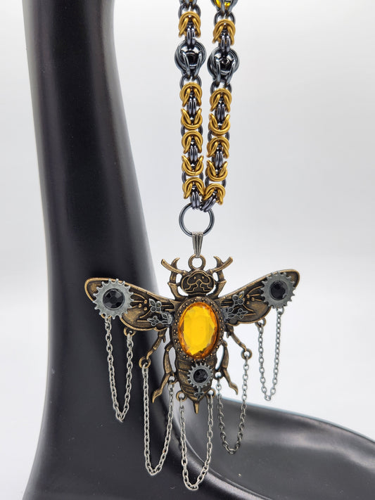 Gold and Black Ice Chain Necklace with a Steampunk Bee