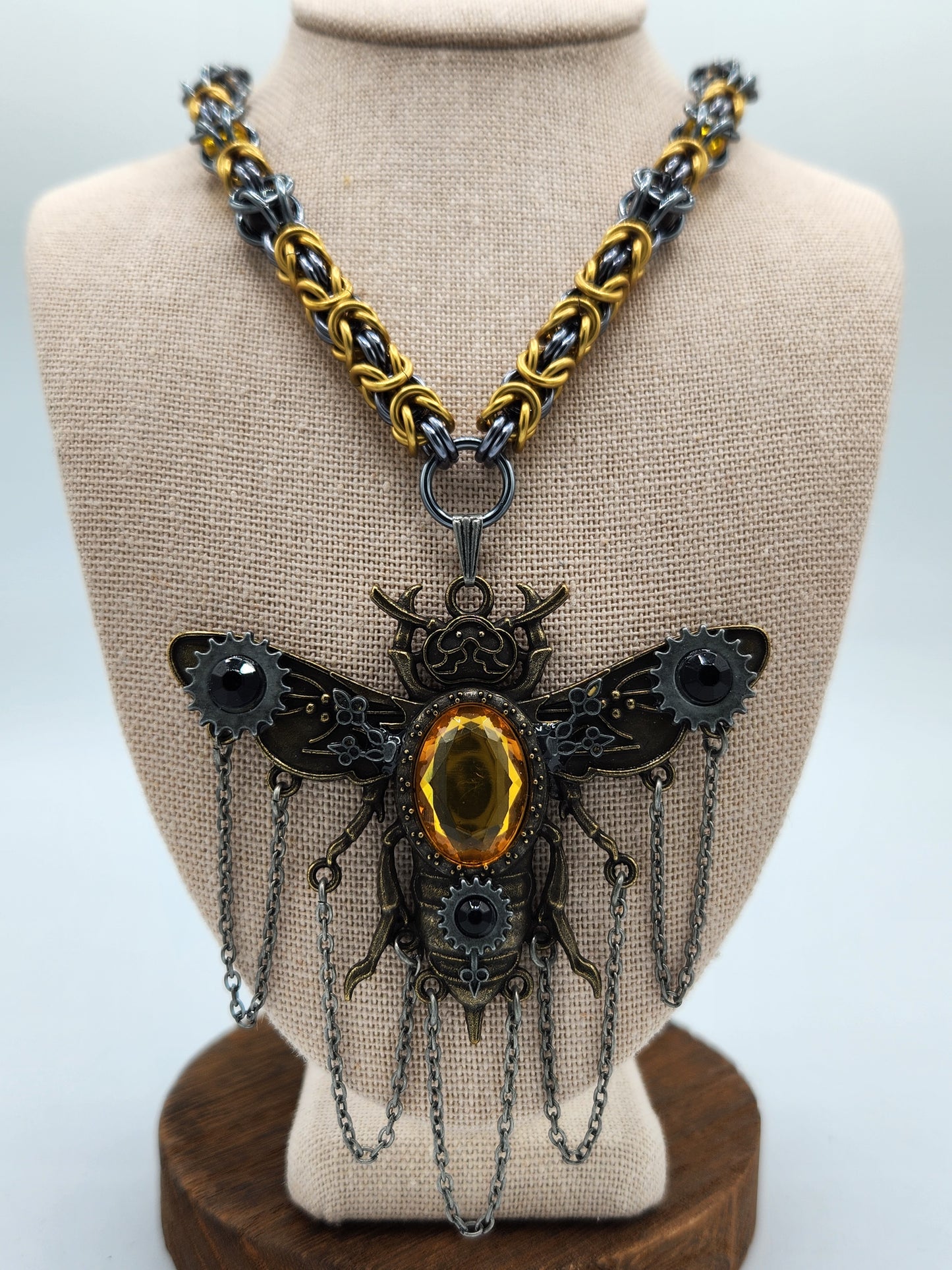 Gold and Black Ice Chain Necklace with a Steampunk Bee