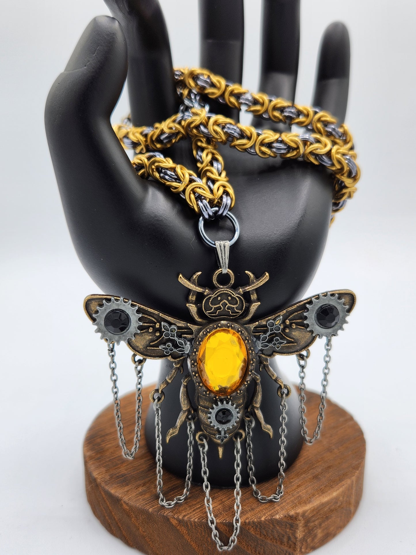 Gold and Black Ice Chain Necklace with a Steampunk Bee