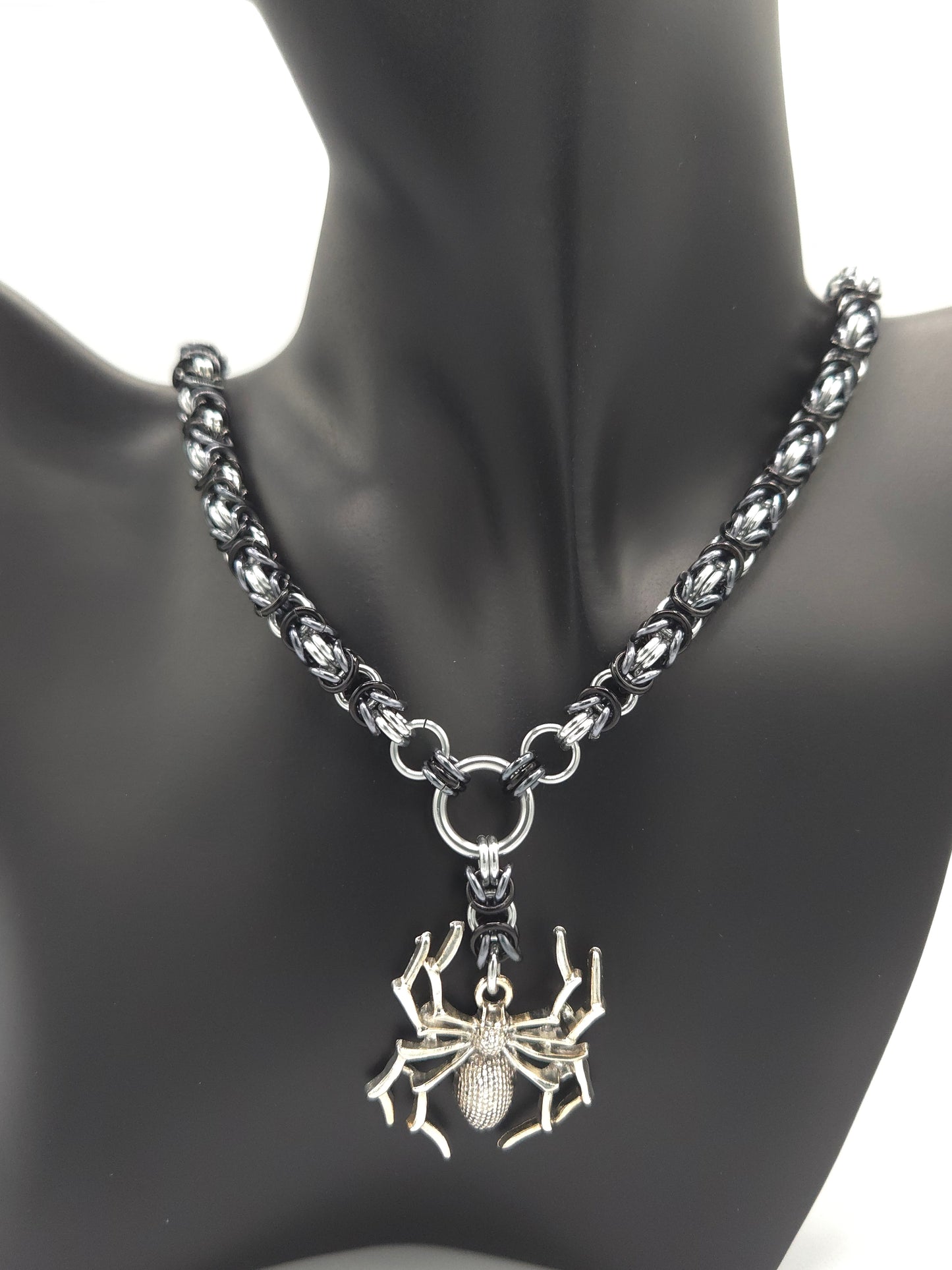 Silver, Black, and Black Ice Spider Pendant Necklace