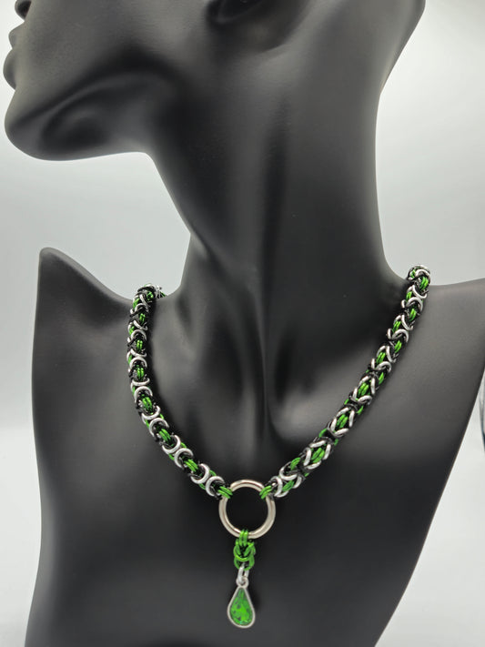 Beetlejuice! - Black, Silver, and Green Byzantine Choker with a Green Glass Drop