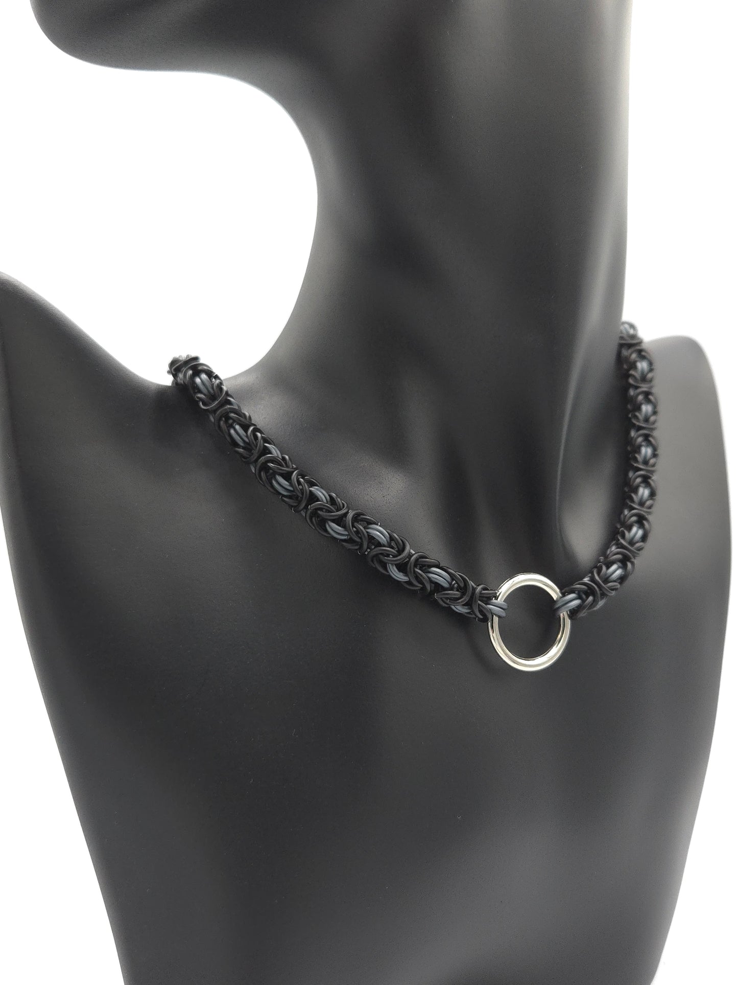 Matte Black and Matte Grey Byzantine Choker with a Silver Center Ring