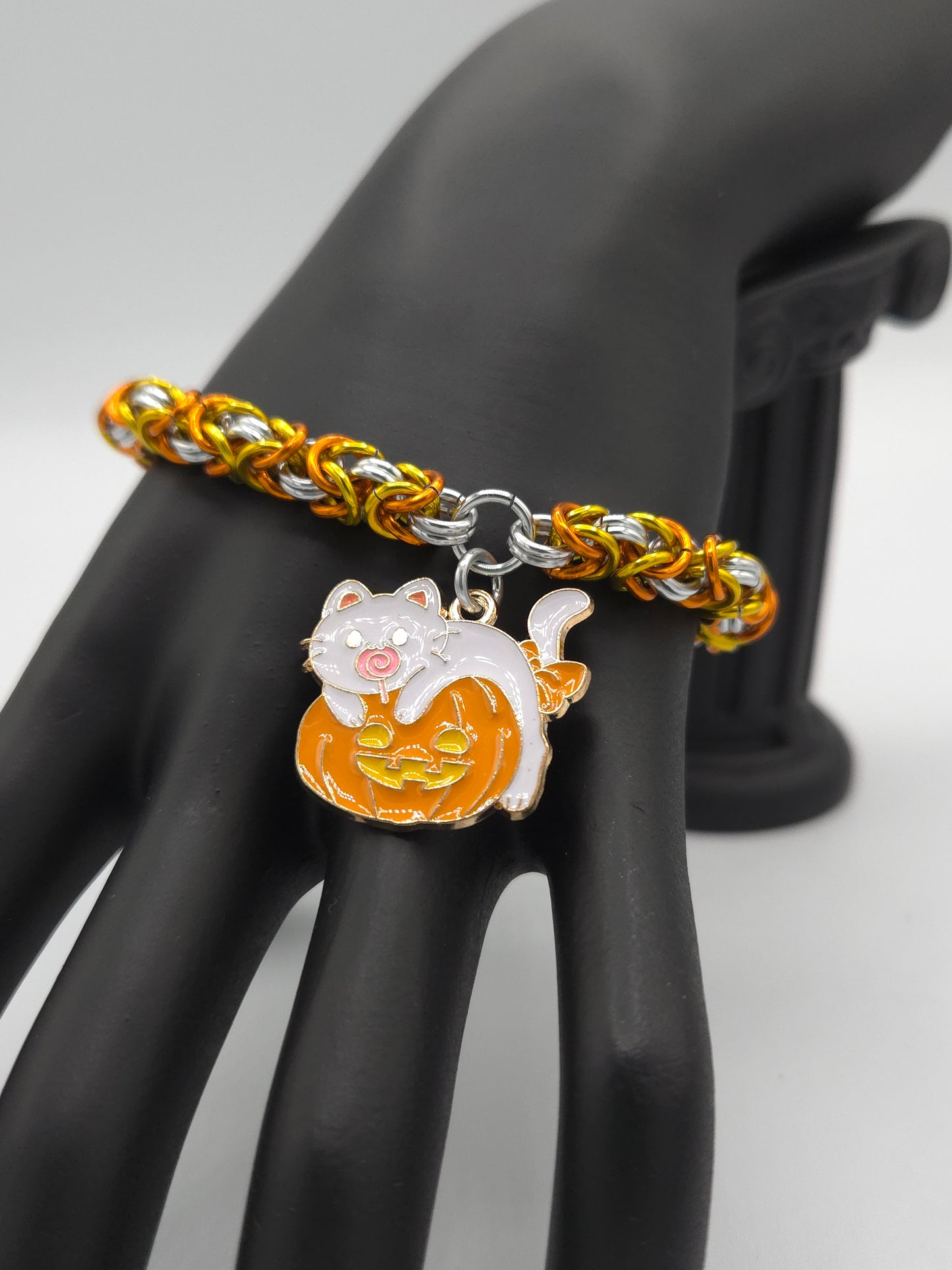 Candy Corn Byzantine Bracelet with a Kitten on a Pumpkin