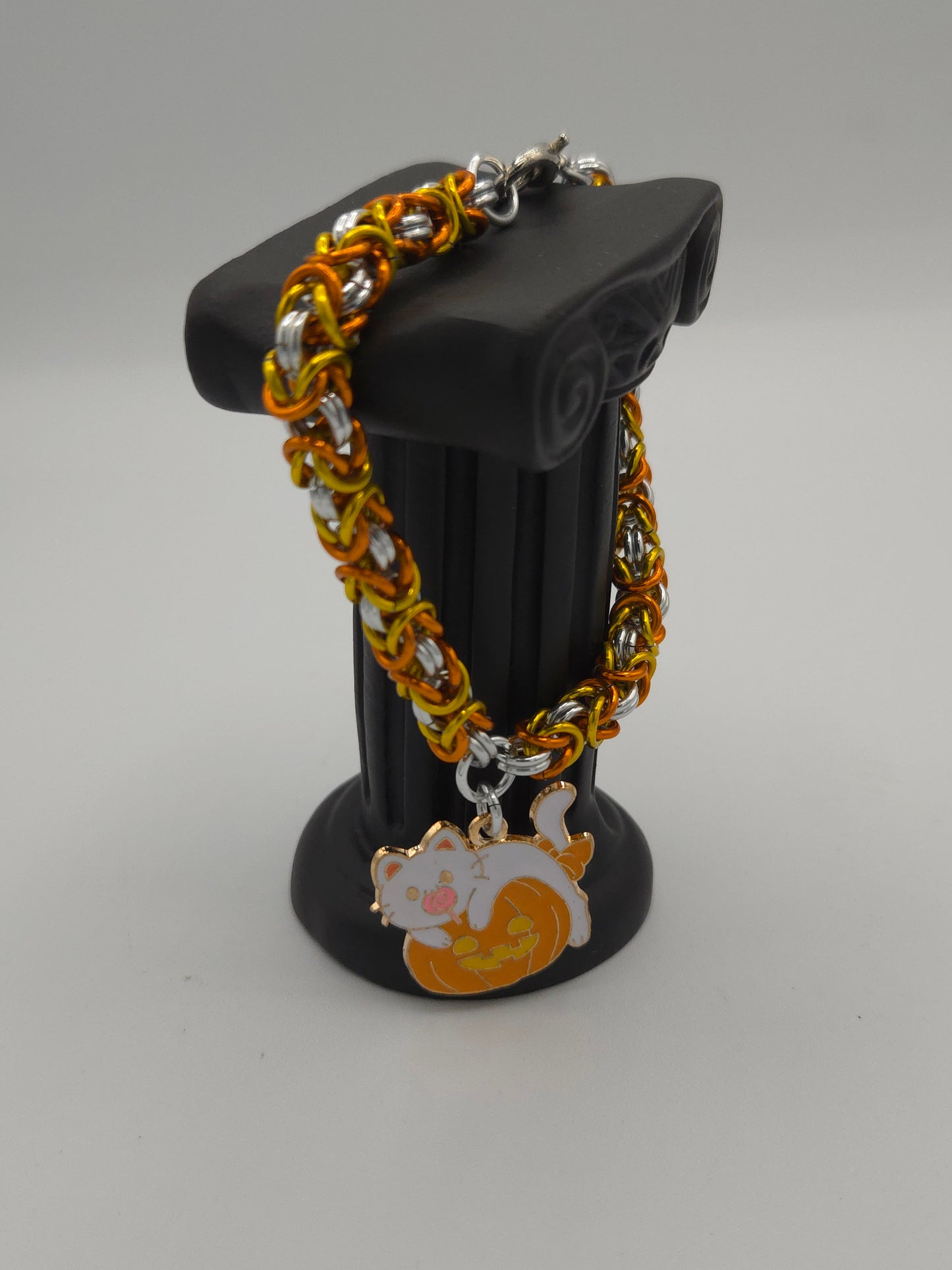 Candy Corn Byzantine Bracelet with a Kitten on a Pumpkin