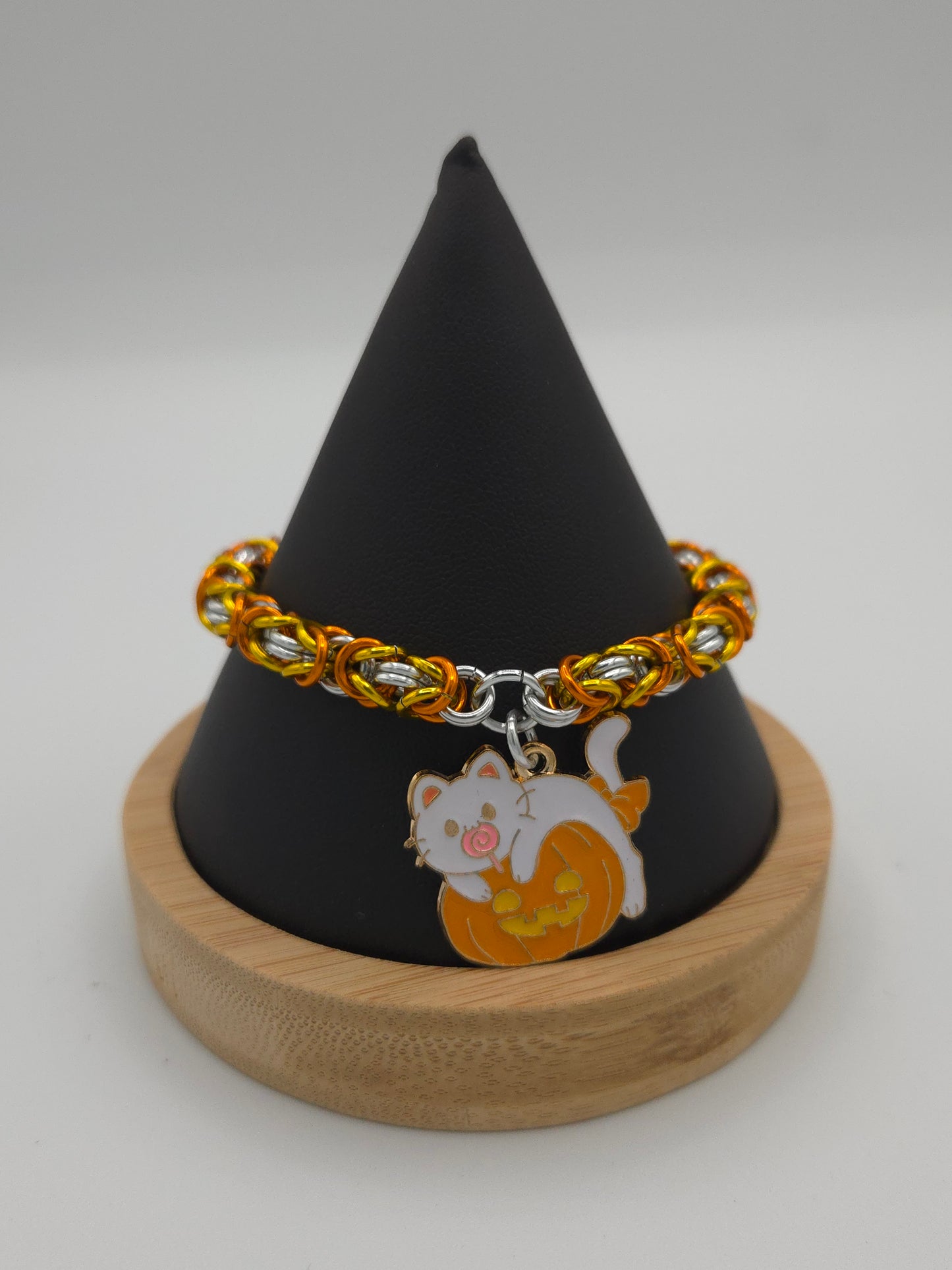 Candy Corn Byzantine Bracelet with a Kitten on a Pumpkin