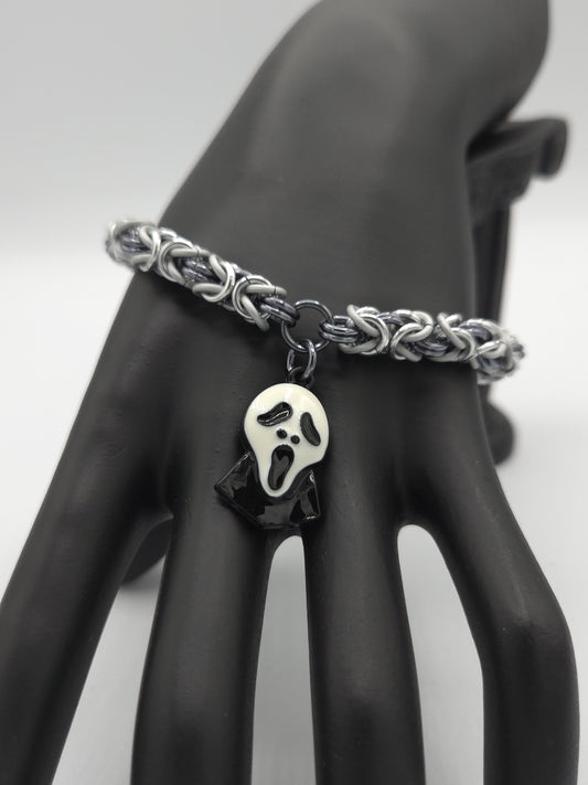 Black Ice, Silver, and Matte Frost Byzantine Bracelet with a Spooky Face