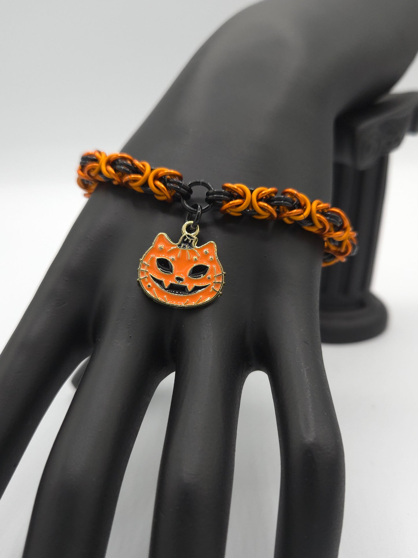 Black, Orange, and Matte Orange Byzantine Bracelet with a Pumpkin Cat