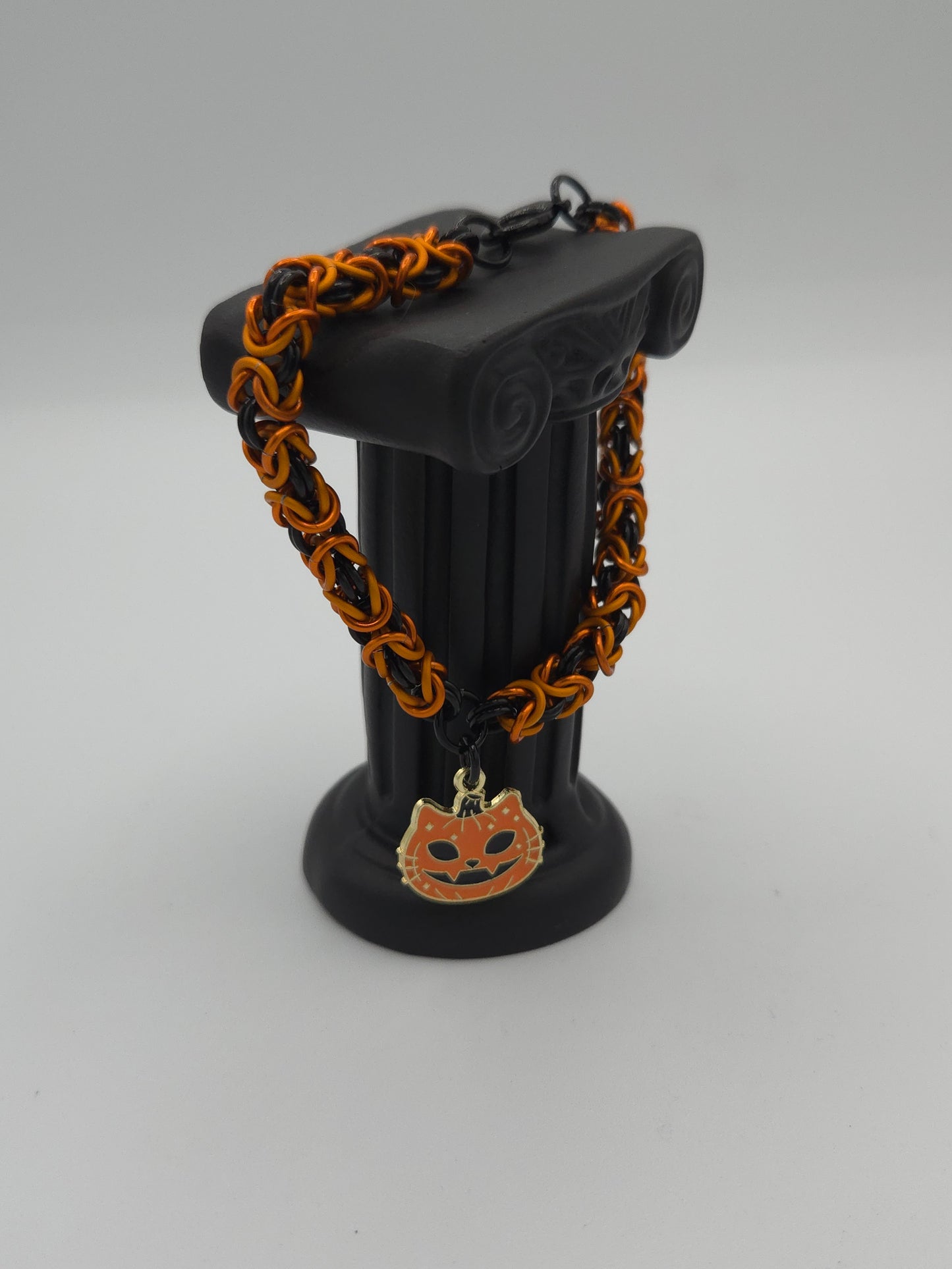 Black, Orange, and Matte Orange Byzantine Bracelet with a Pumpkin Cat