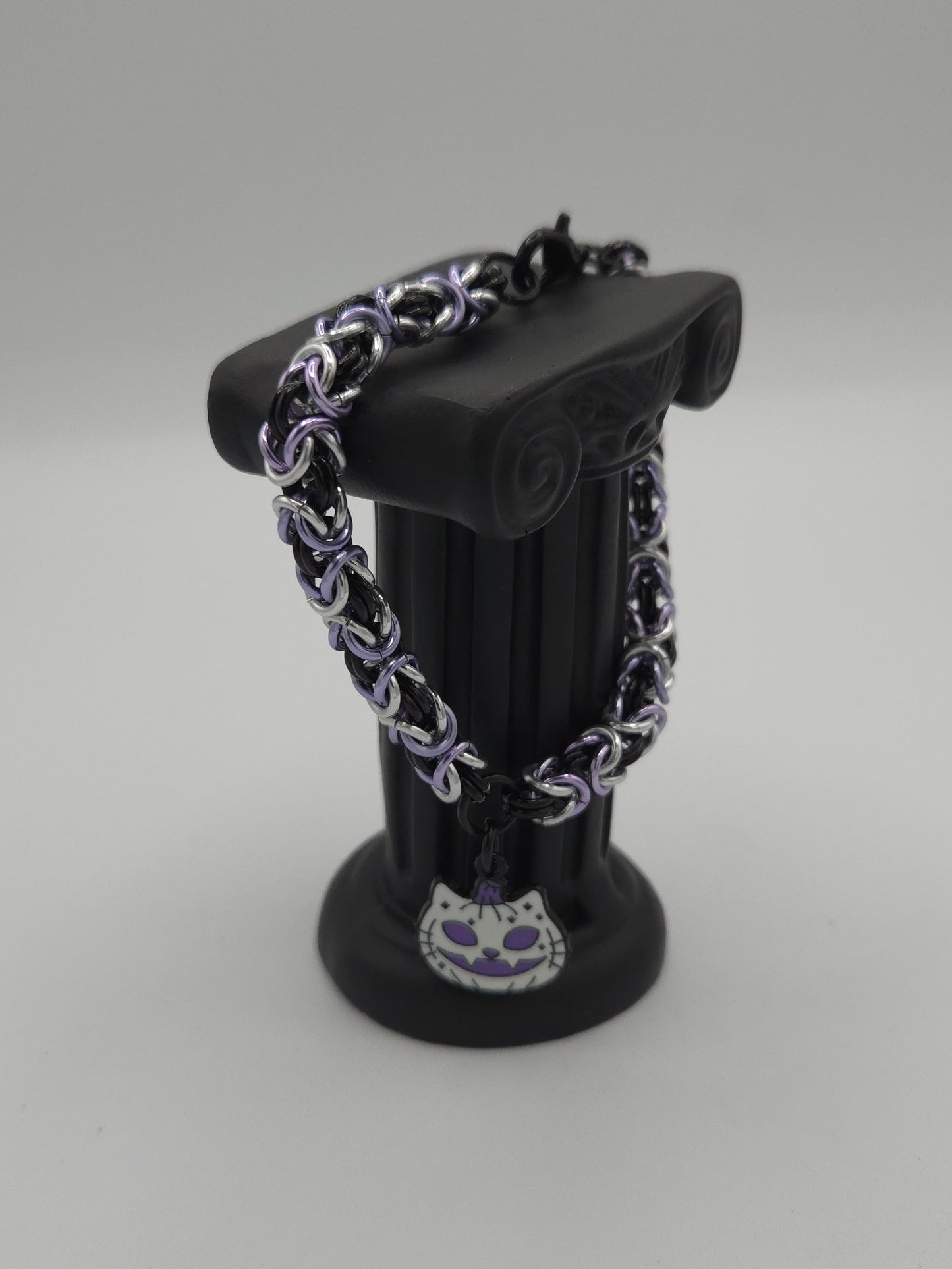 Black, Silver, and Lavender Byzantine Bracelet with a Pumpkin Cat Charm