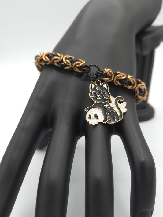 Black and Gold Byzantine Bracelet with a Moon Kitty Holding a Skull