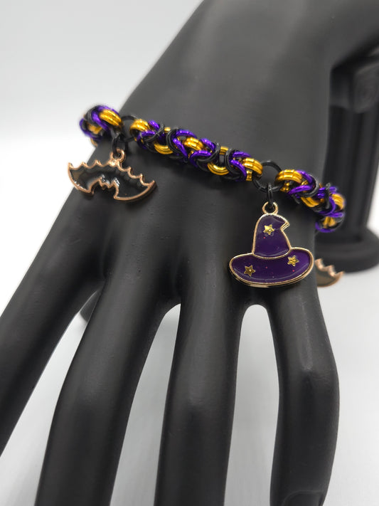 Black, Gold, and Purple Byzantine Charm Bracelet with a Witch's Hat and Bats