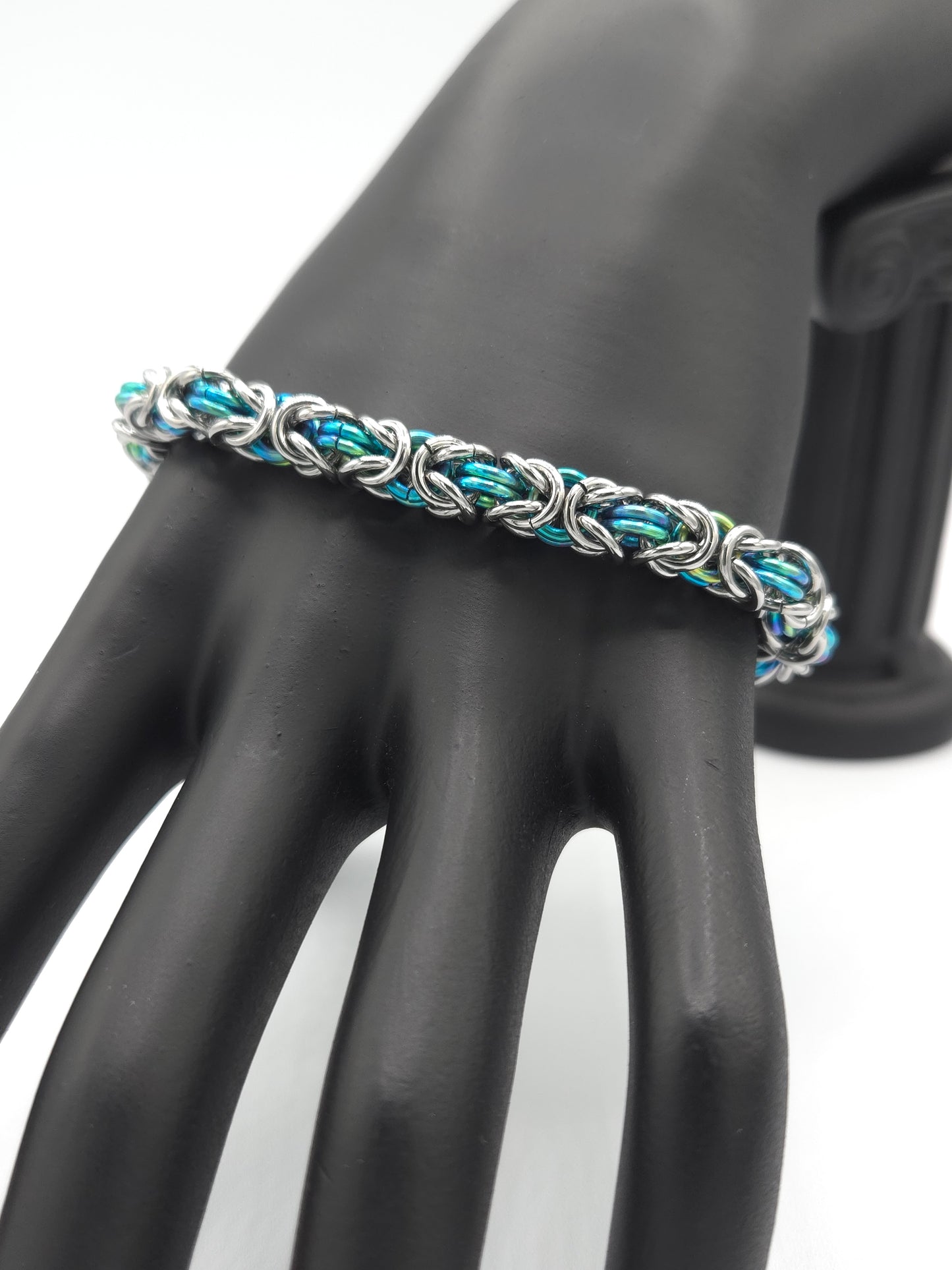 Stainless Steel and Teal Green Titanium Byzantine Bracelet