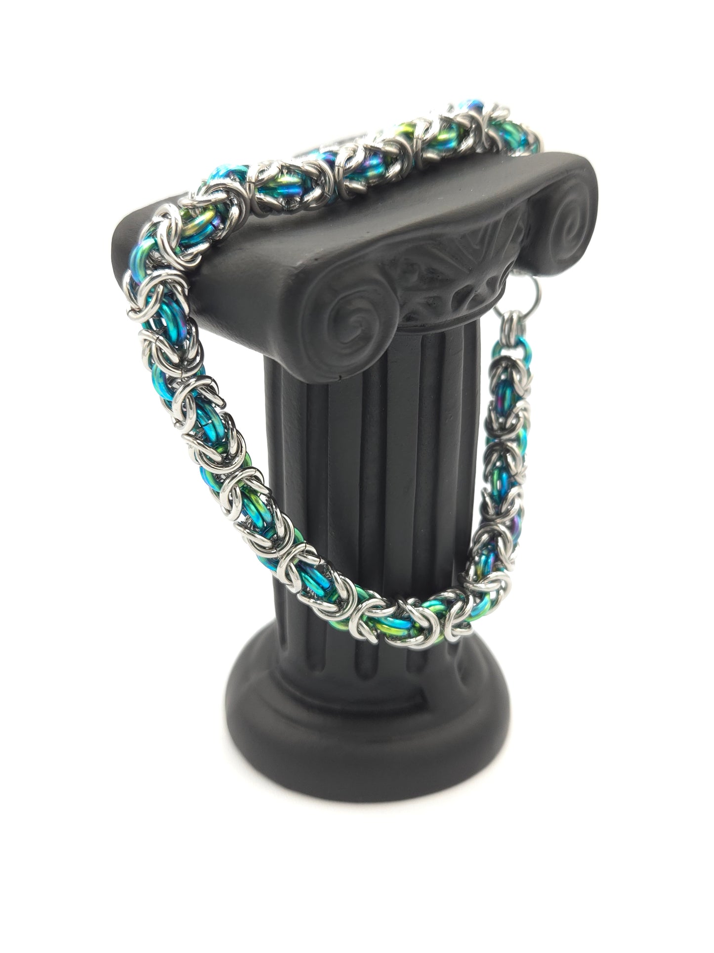 Stainless Steel and Teal Green Titanium Byzantine Bracelet