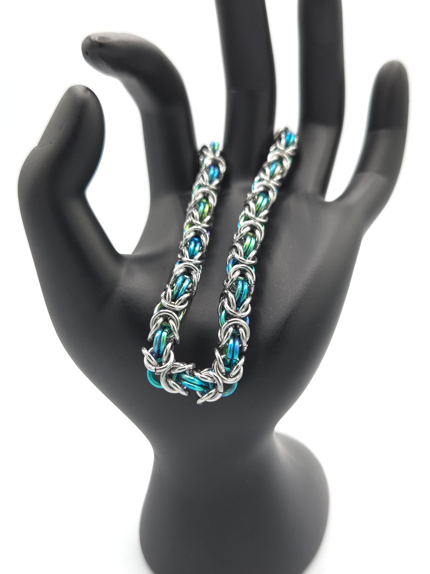 Stainless Steel and Teal Green Titanium Byzantine Bracelet