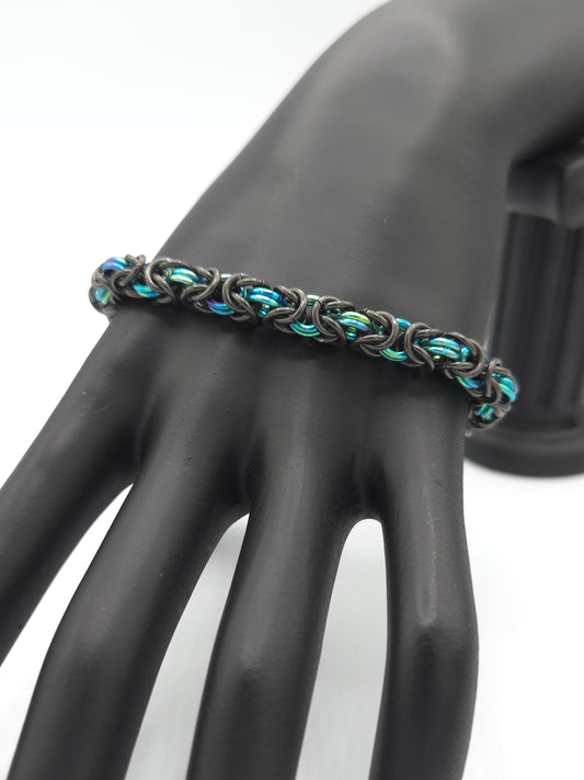 Black Glass and Teal Green Titanium Byzantine Bracelet