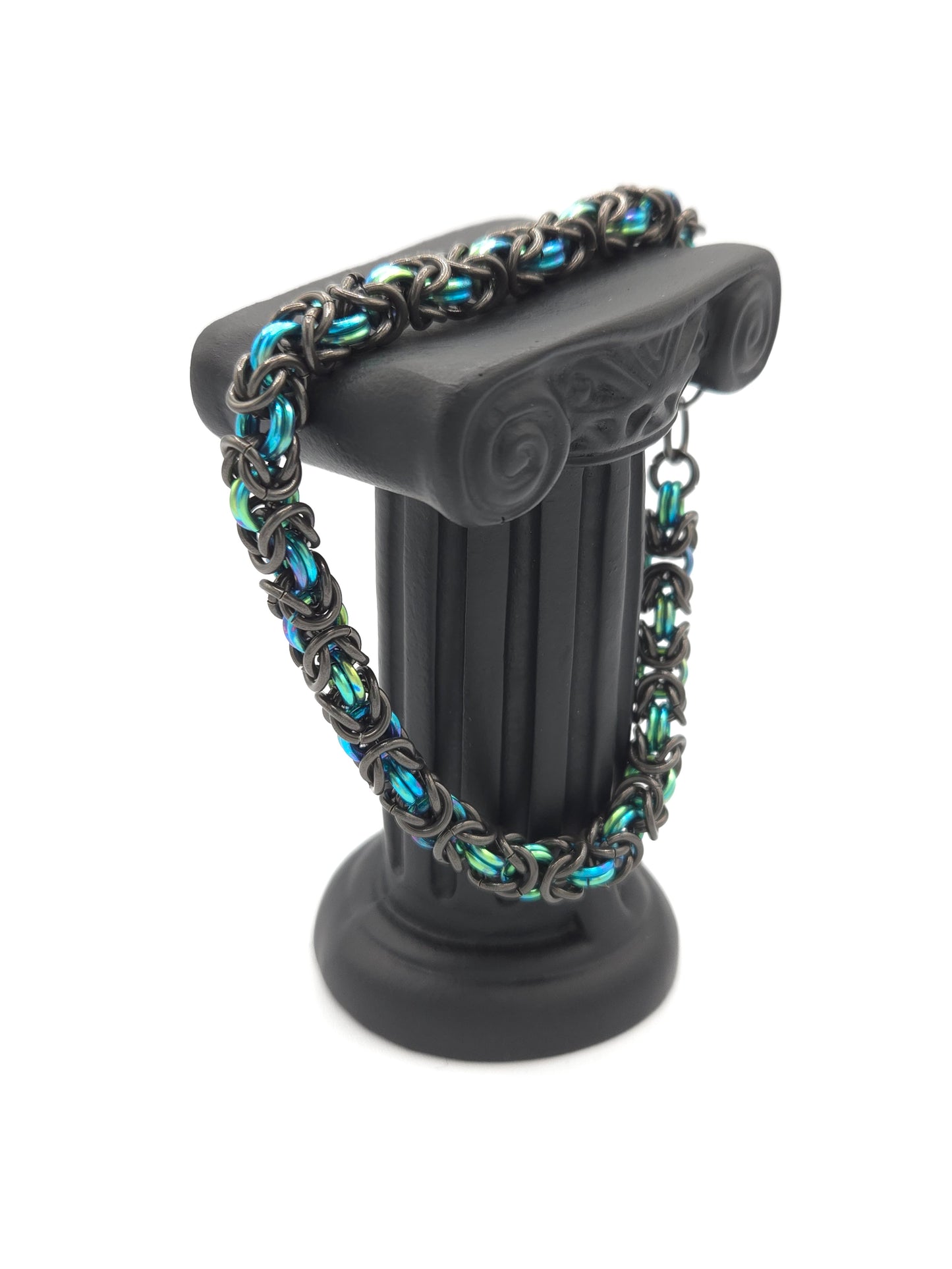 Black Glass and Teal Green Titanium Byzantine Bracelet