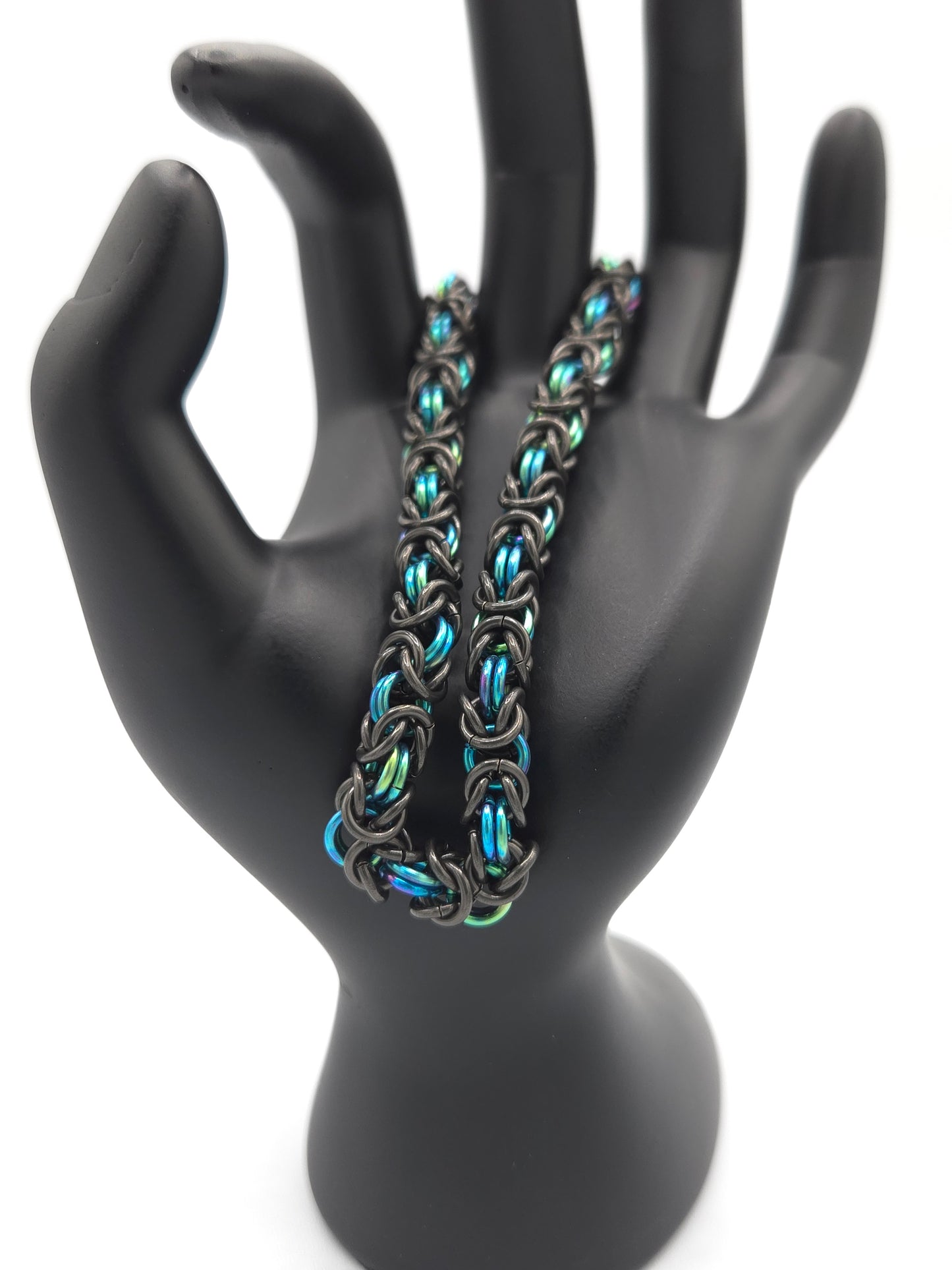 Black Glass and Teal Green Titanium Byzantine Bracelet