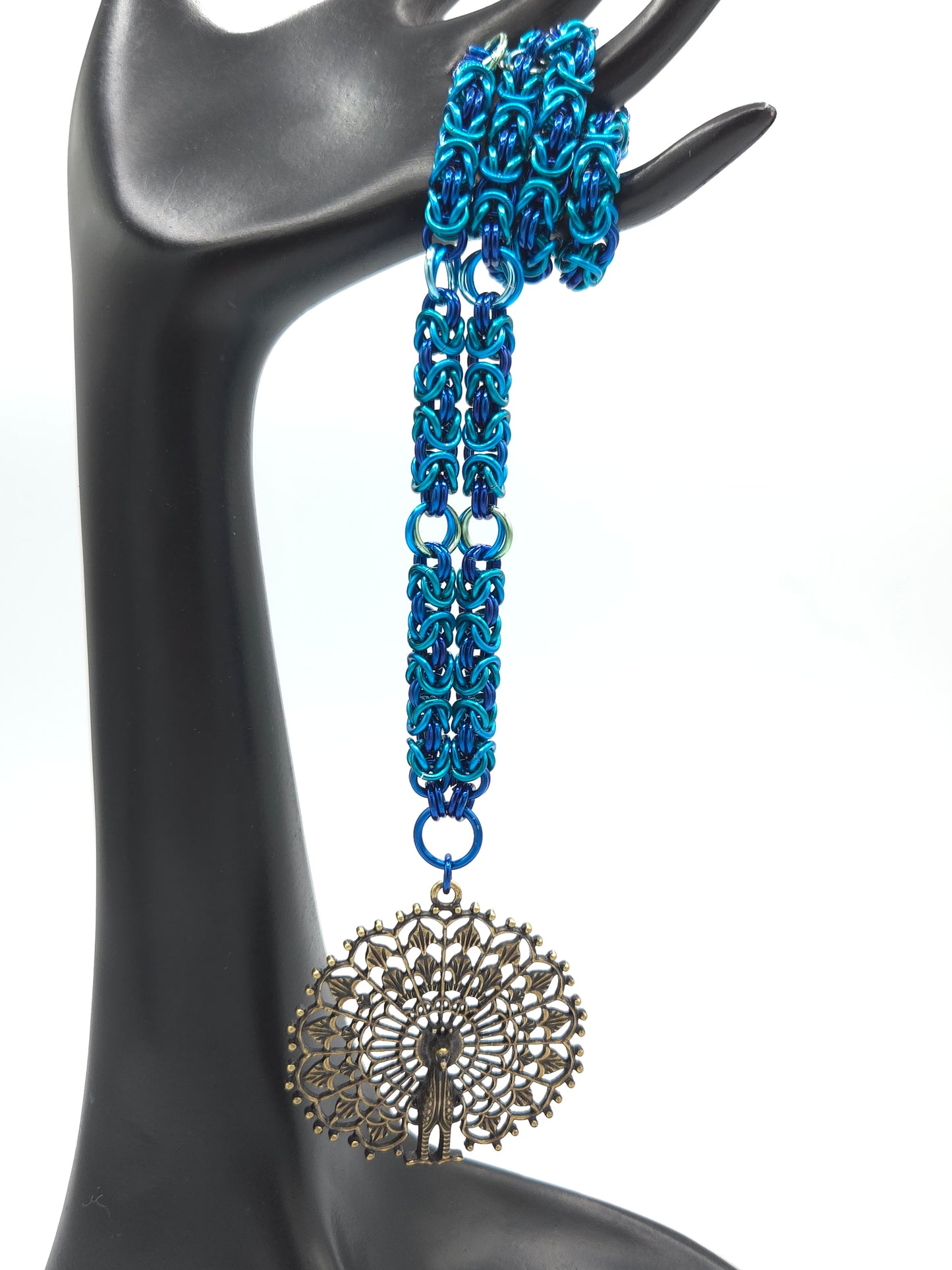 Blue and Teal Byzantine Necklace with a Bronze Peacock