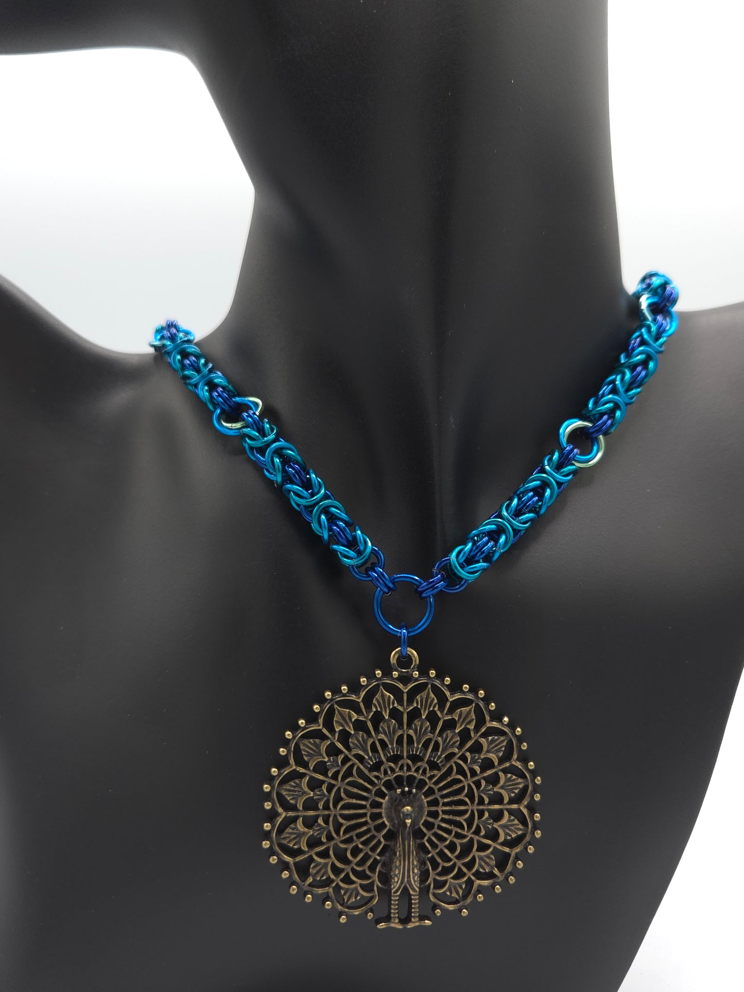 Blue and Teal Byzantine Necklace with a Bronze Peacock