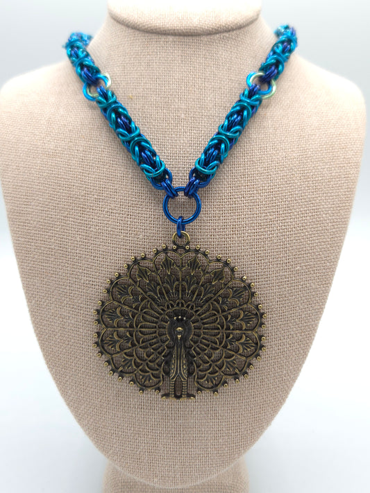 Blue and Teal Byzantine Necklace with a Bronze Peacock