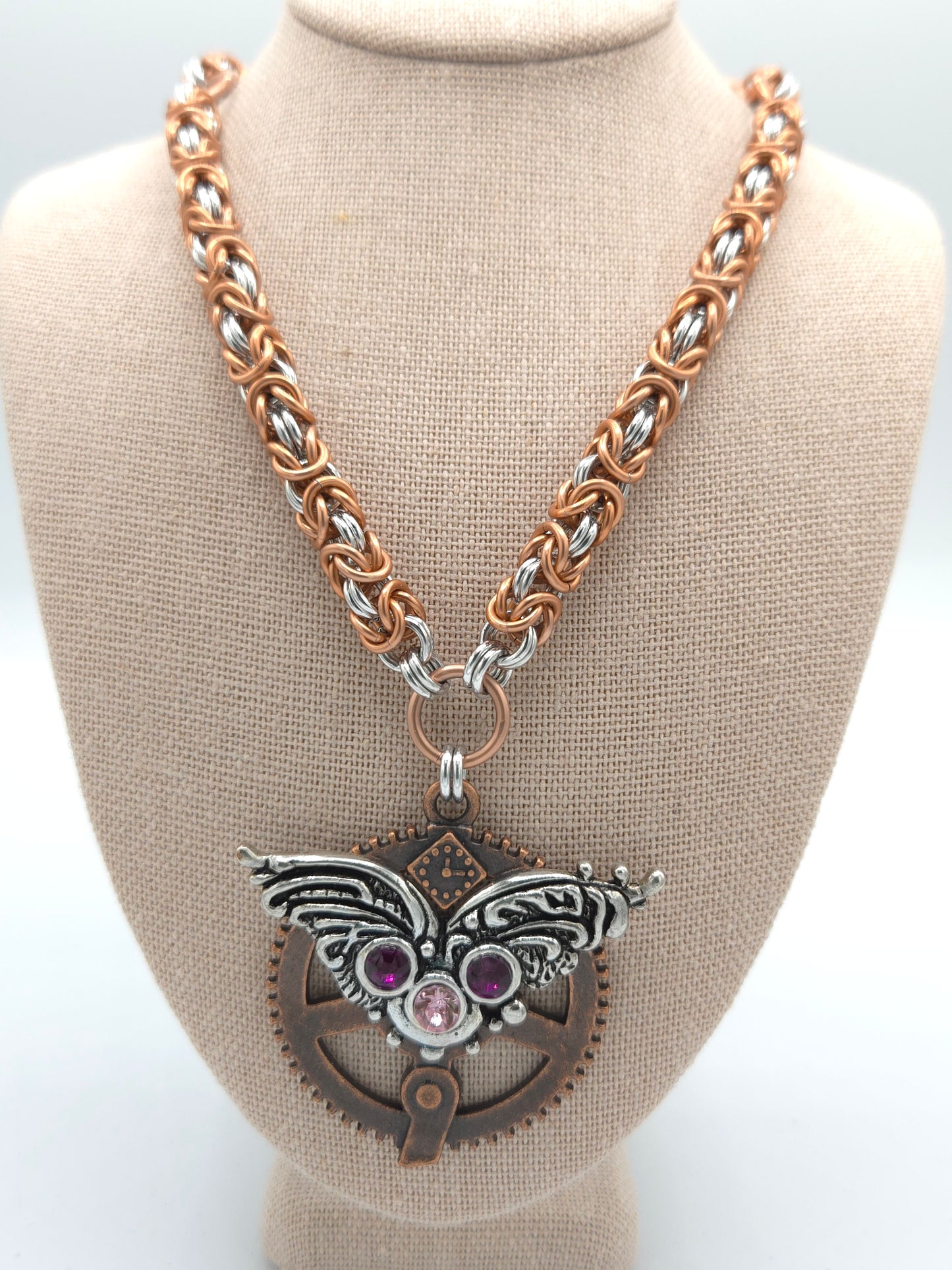 Copper and Silver Byzantine Necklace with a Winged Gear Pendant