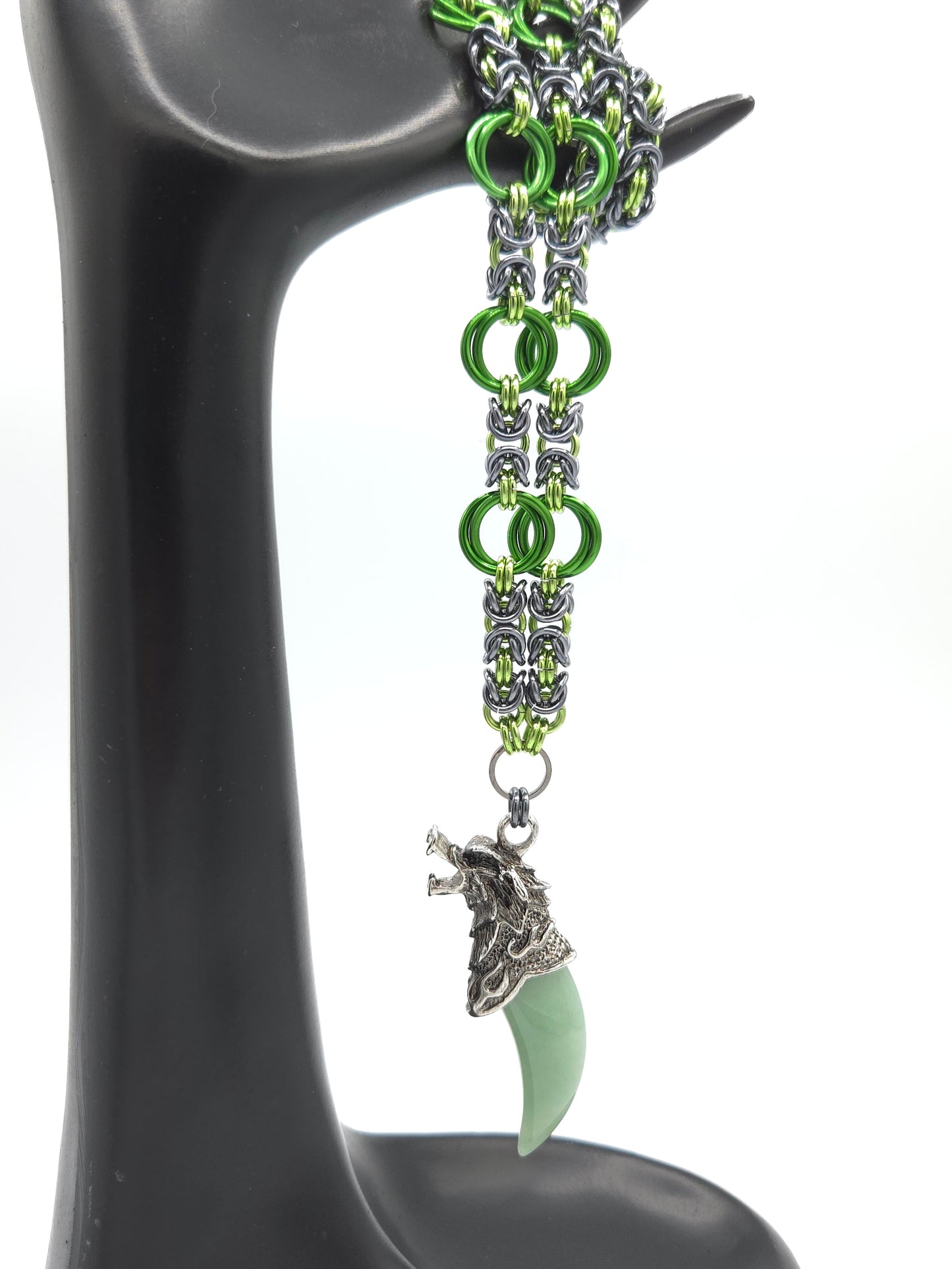 Black Ice and Green Byzantine Necklace with a Jade Wolf Pendant