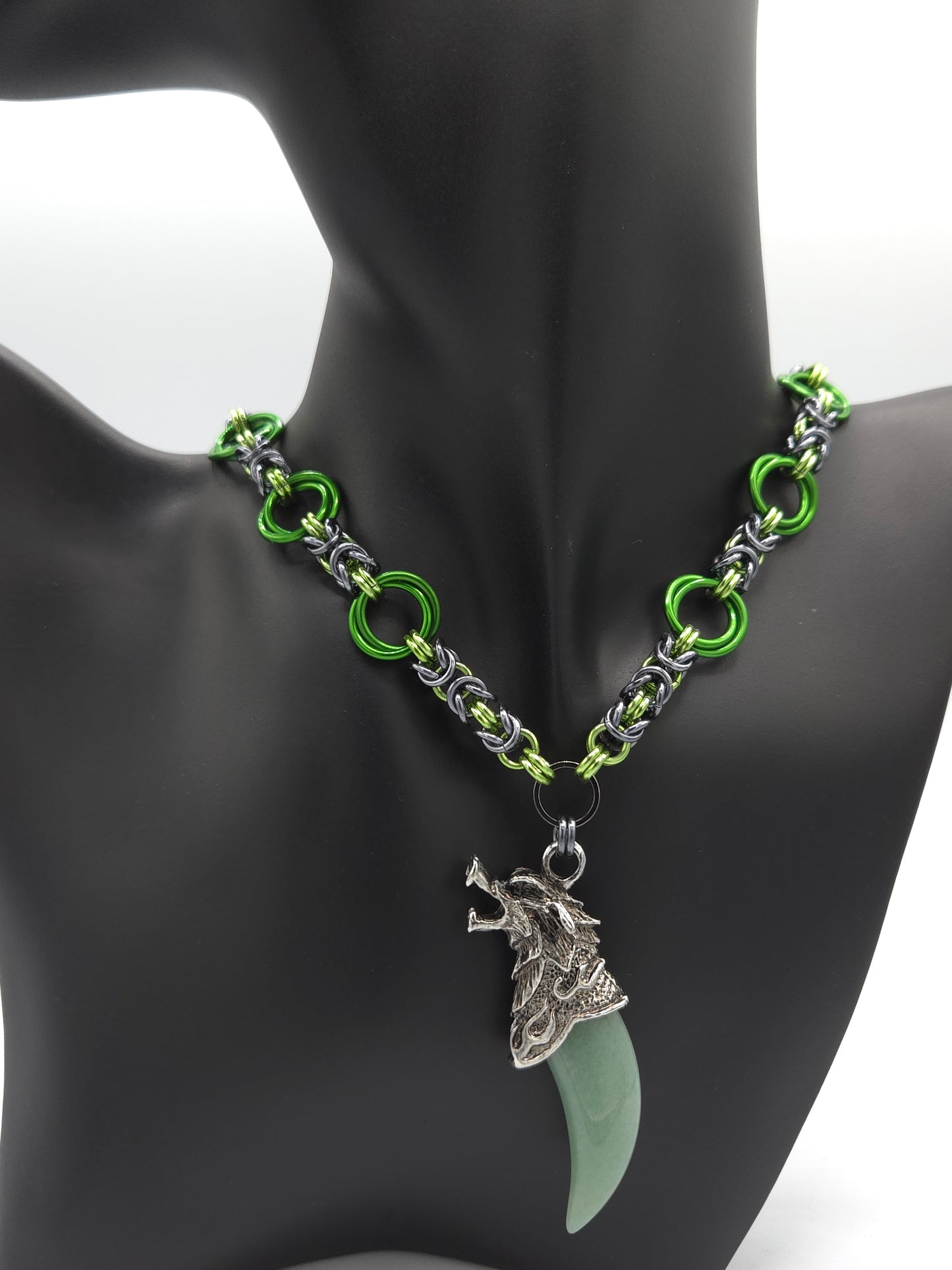 Black Ice and Green Byzantine Necklace with a Jade Wolf Pendant