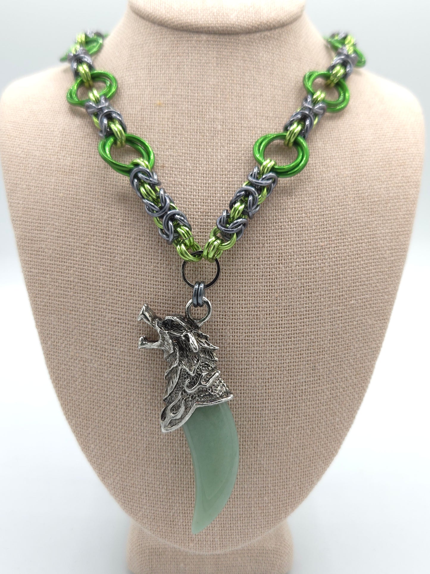 Black Ice and Green Byzantine Necklace with a Jade Wolf Pendant