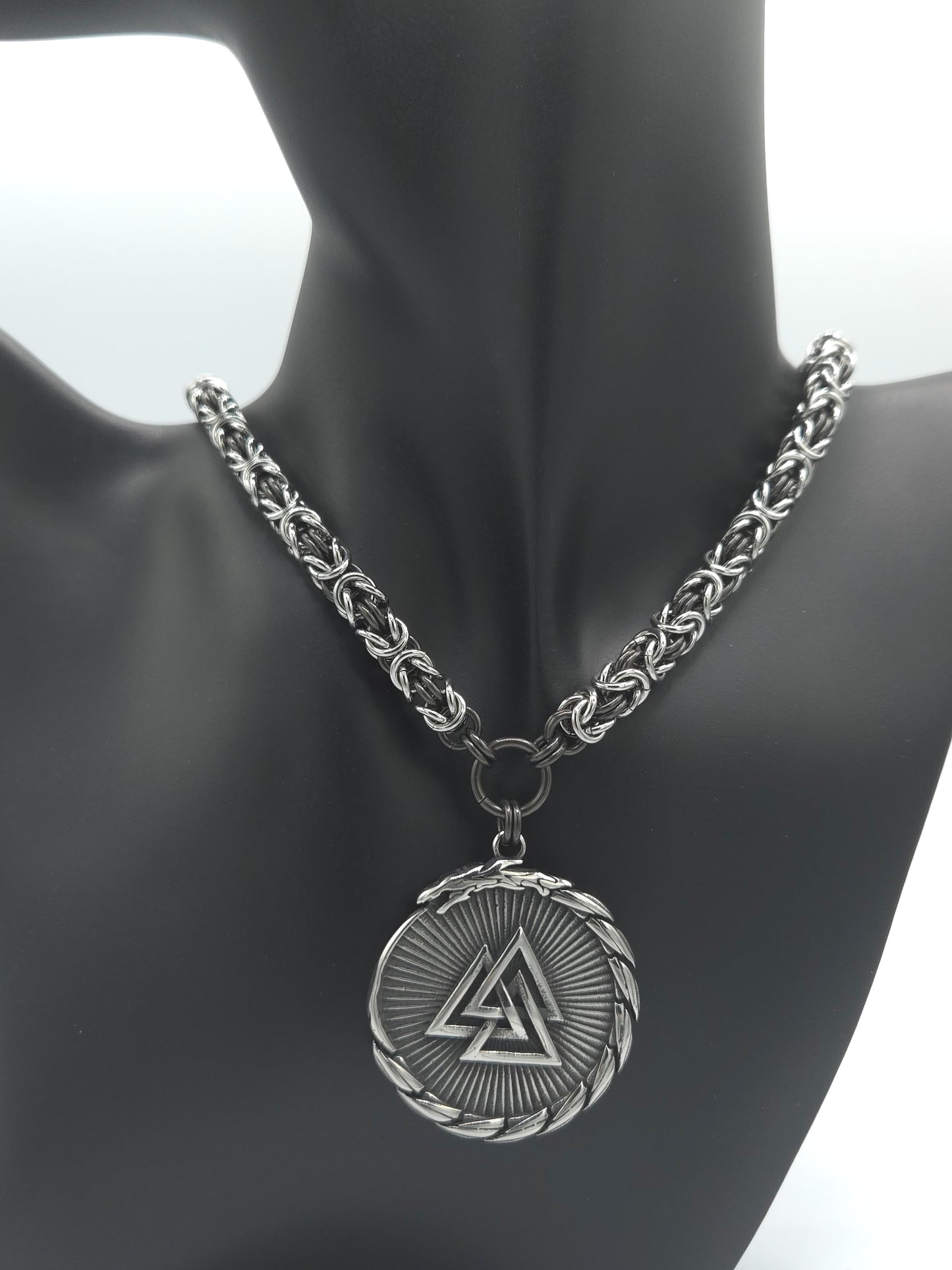 Stainless Steel and Black Glass Titanium Byzantine Necklace with Vegvisir/Valknut Pendant