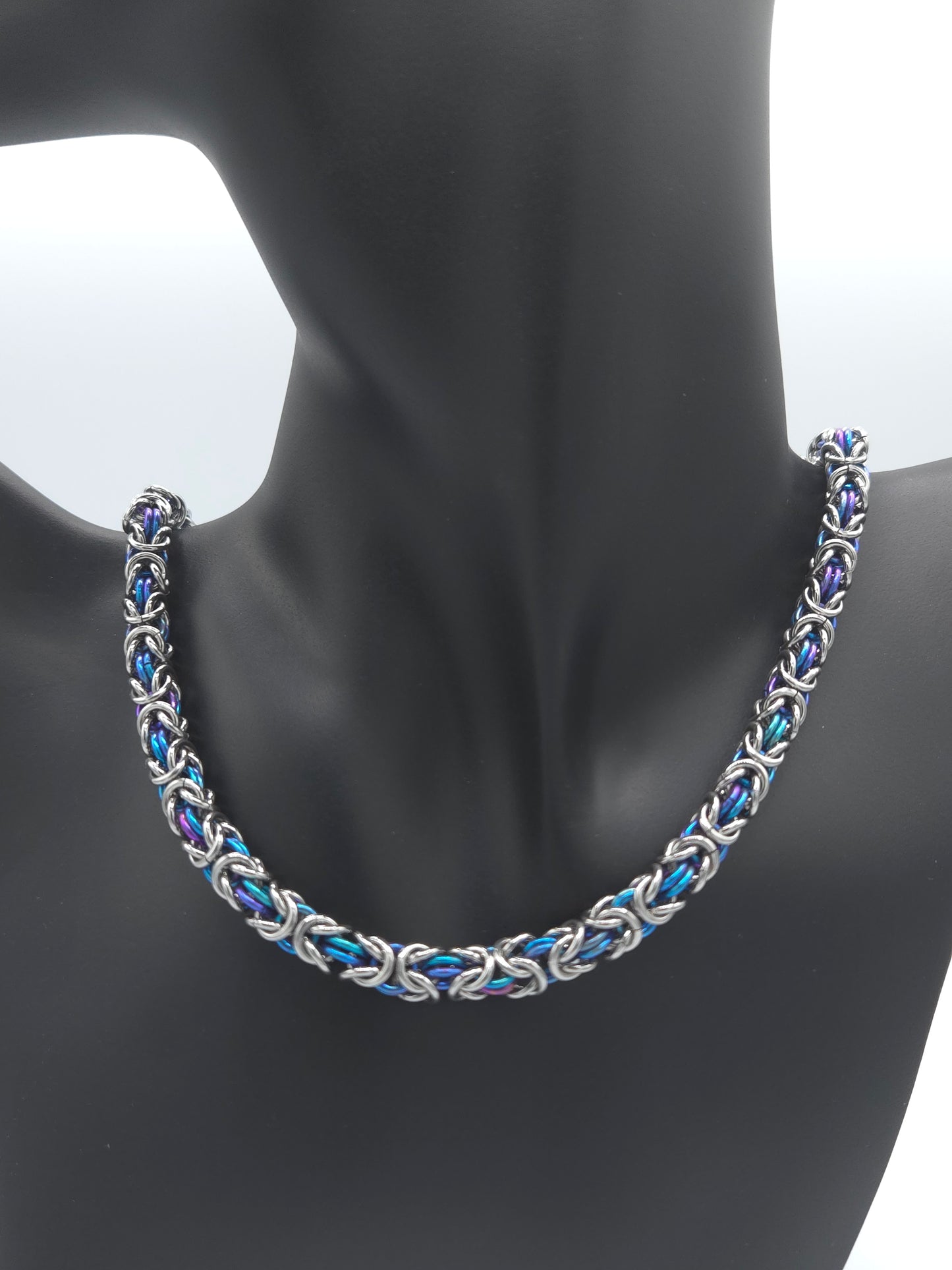 Stainless Steel and Teal-Violet Titanium Byzantine Necklace