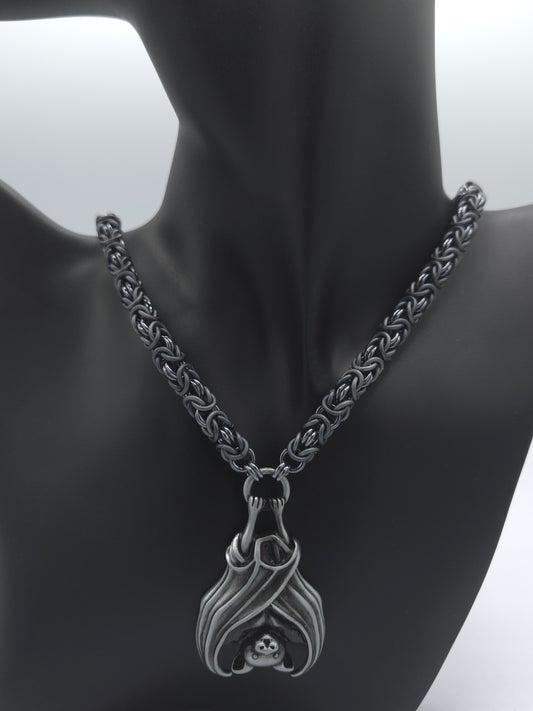 Matte Grey and Black Ice Byzantine Necklace with Bat Pendant