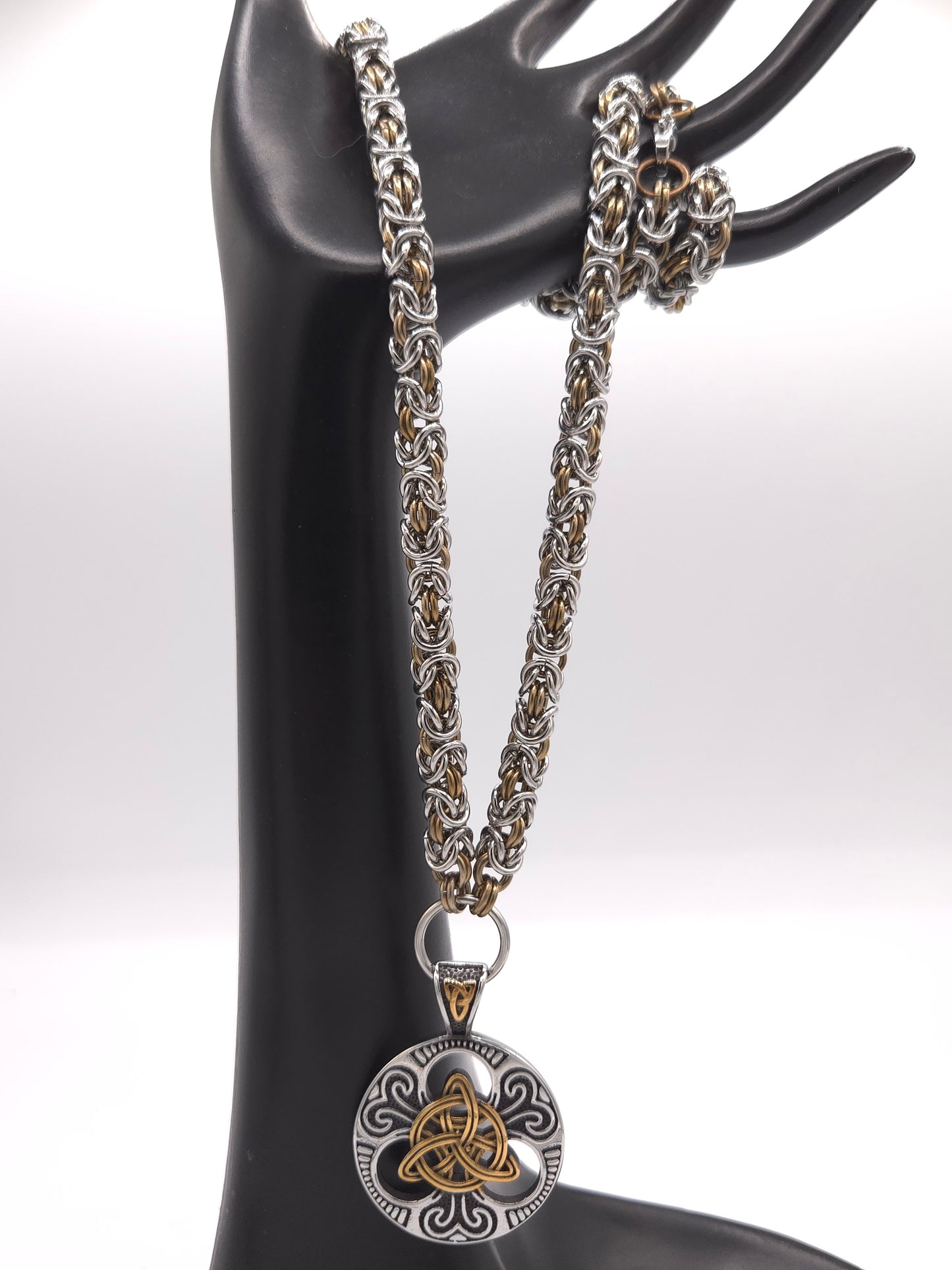 Stainless Steel and Bronze Titanium Byzantine Necklace with Triqueta Pendant