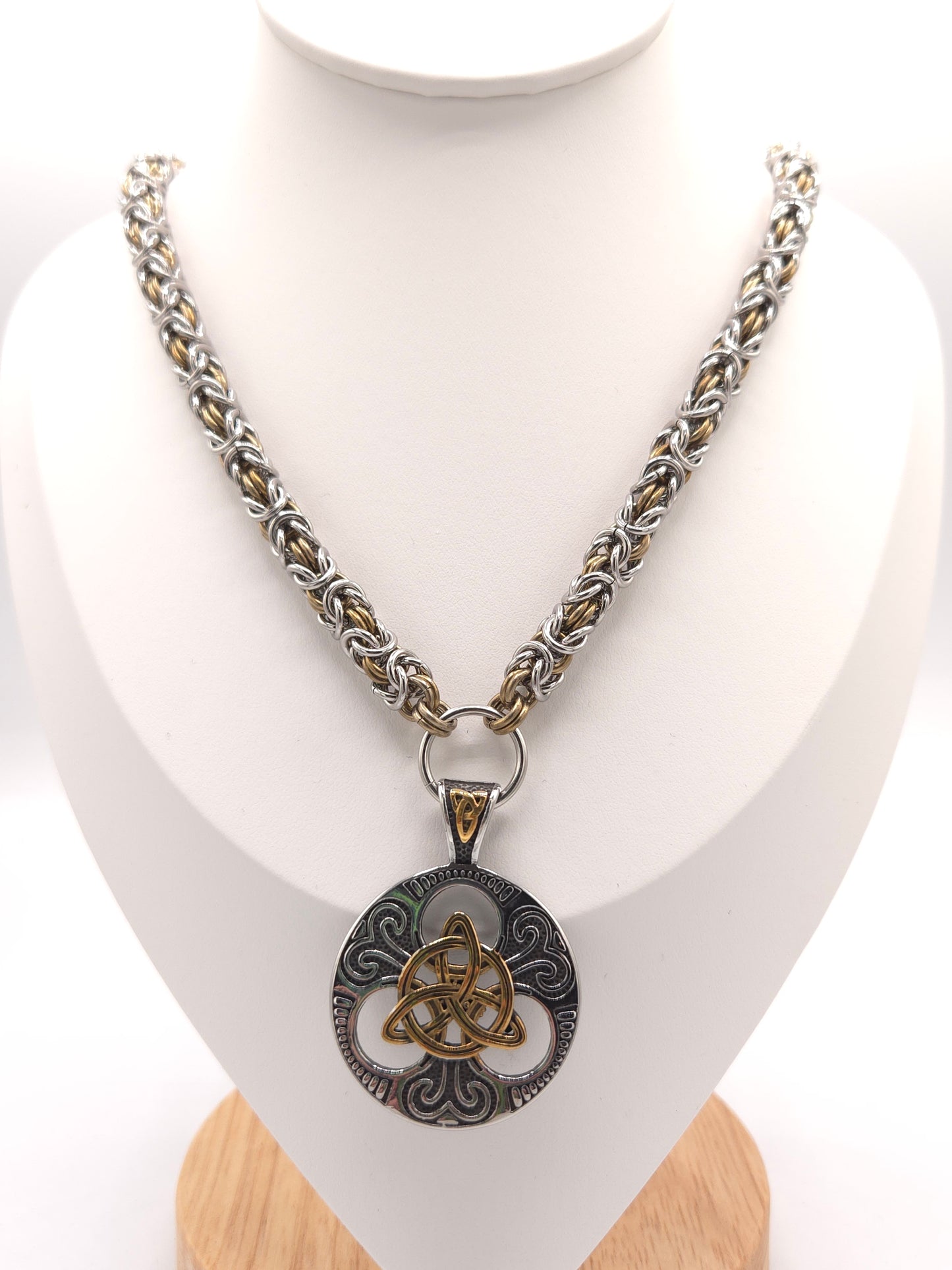 Stainless Steel and Bronze Titanium Byzantine Necklace with Triqueta Pendant