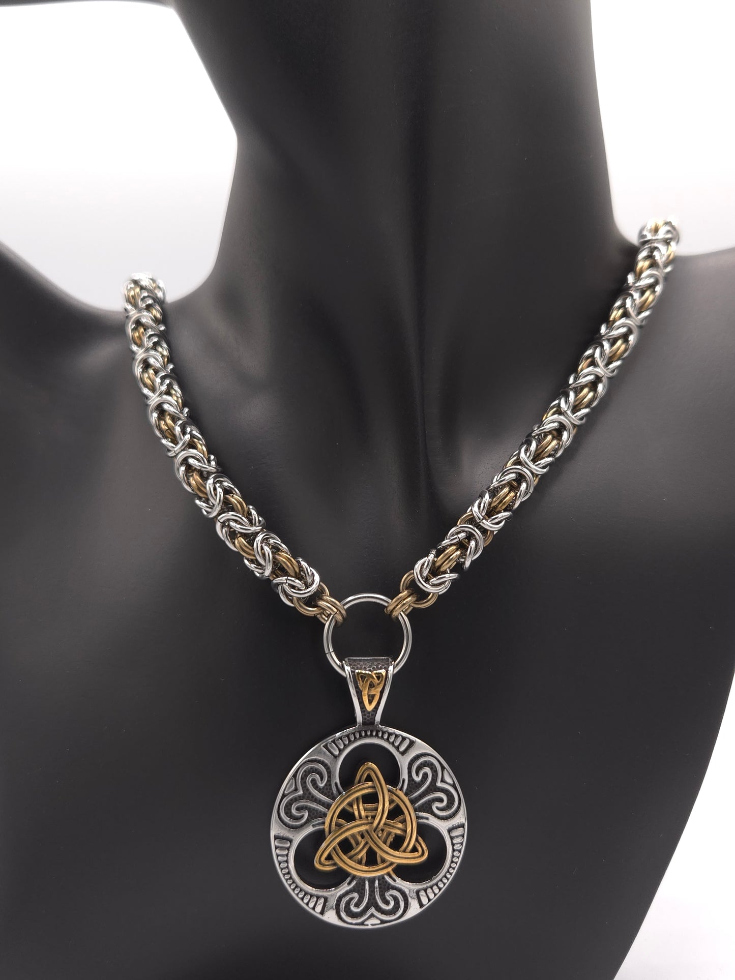 Stainless Steel and Bronze Titanium Byzantine Necklace with Triqueta Pendant