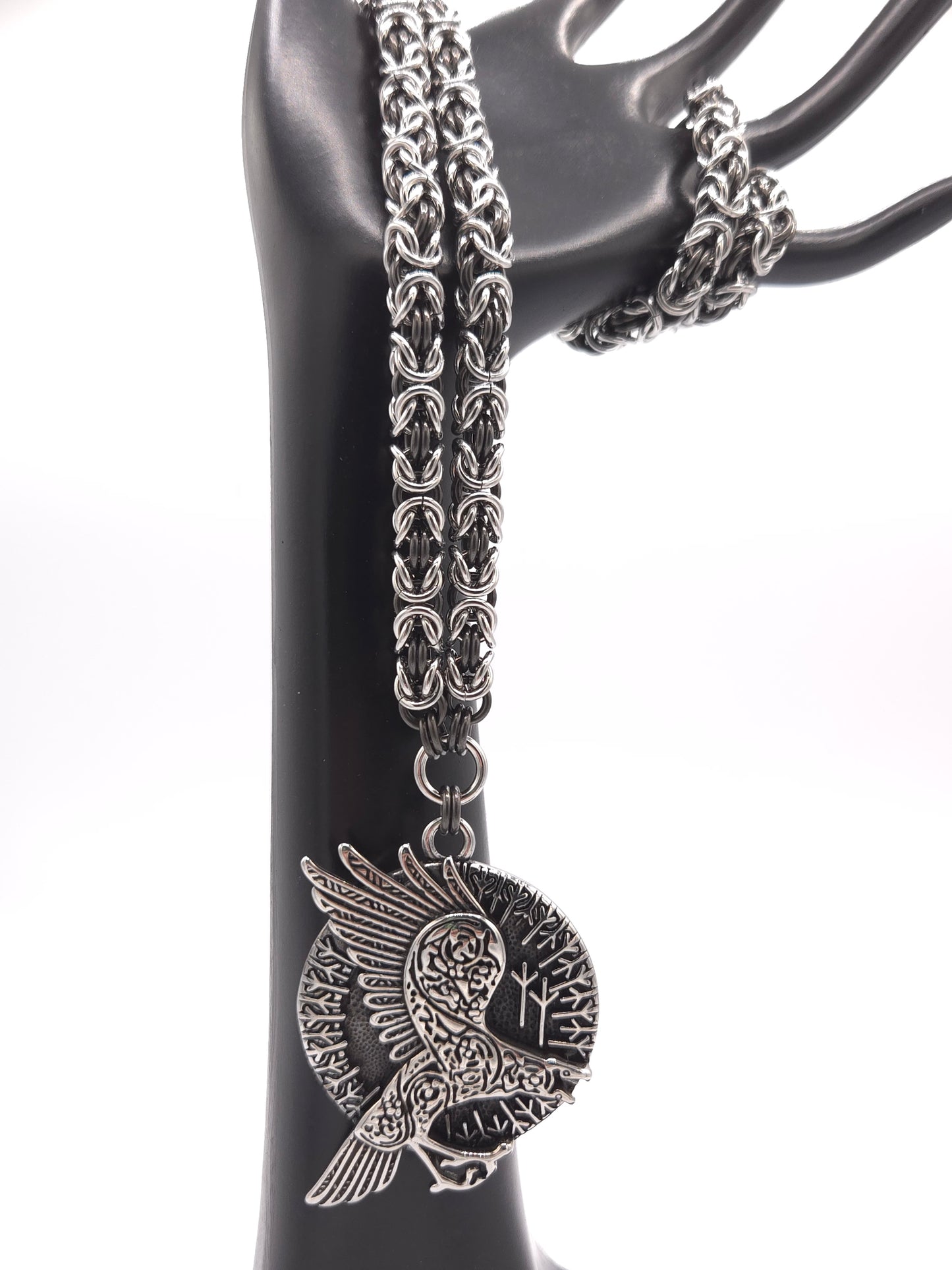 Stainless Steel and Black Glass Titanium Byzantine Necklace with Runed Raven Pendant