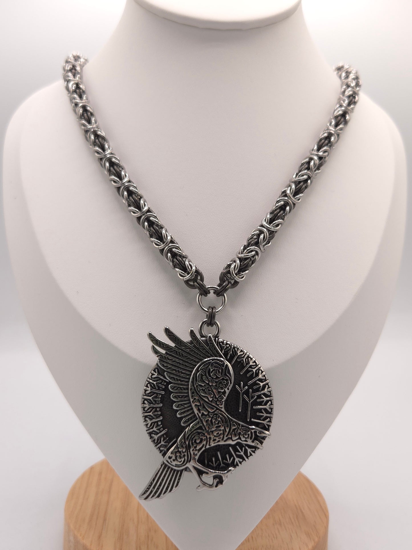 Stainless Steel and Black Glass Titanium Byzantine Necklace with Runed Raven Pendant