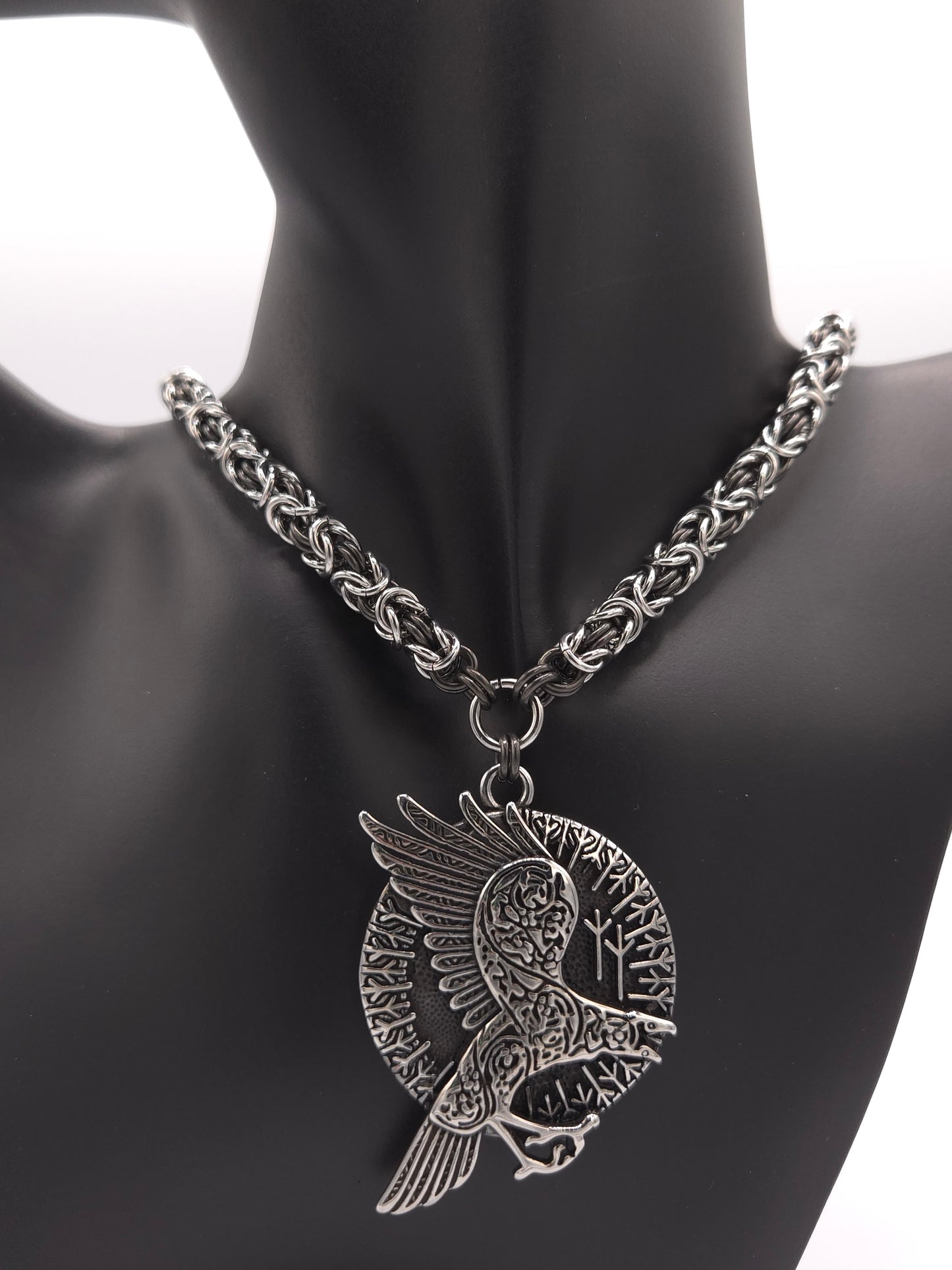 Stainless Steel and Black Glass Titanium Byzantine Necklace with Runed Raven Pendant