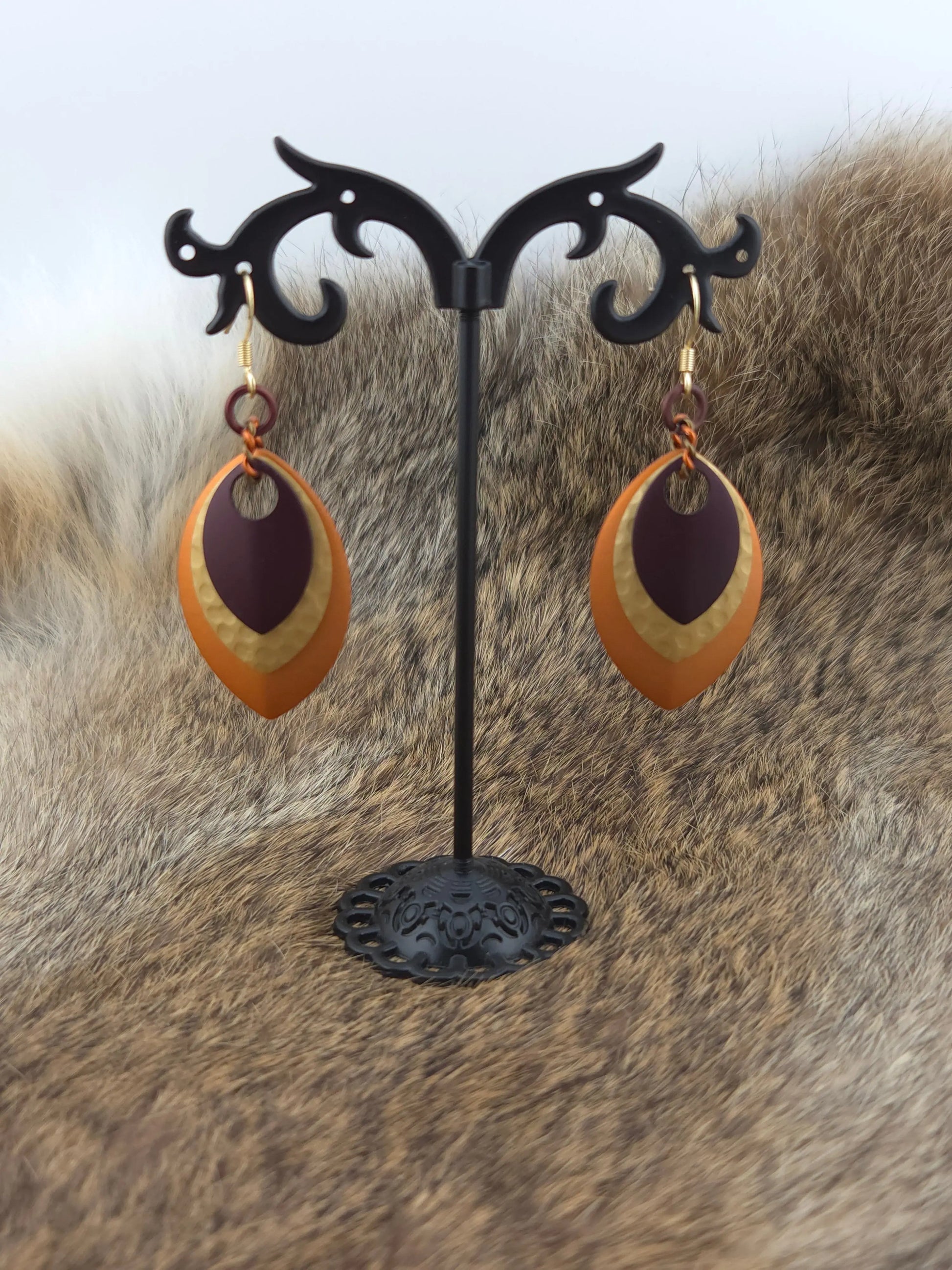 Stacked Earrings - Henna, Hammered Golden, Pumpkin Foxweave Studios