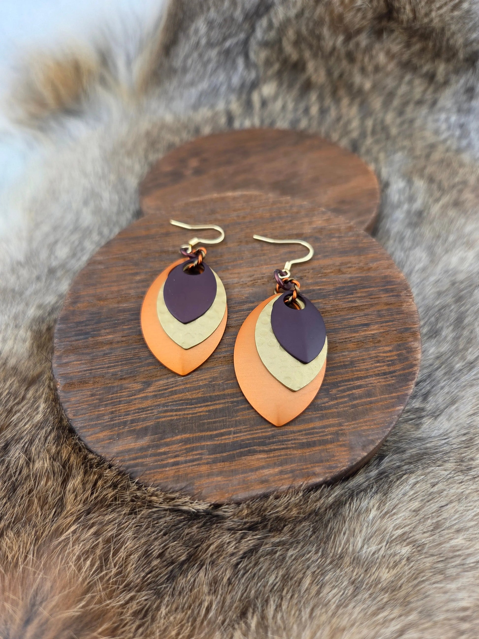 Stacked Earrings - Henna, Hammered Golden, Pumpkin Foxweave Studios