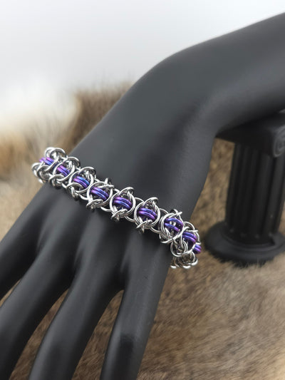 8.5" Stainless Steel and Mulberry Shimmer Niobium Odin's Eye Chainmail Bracelet