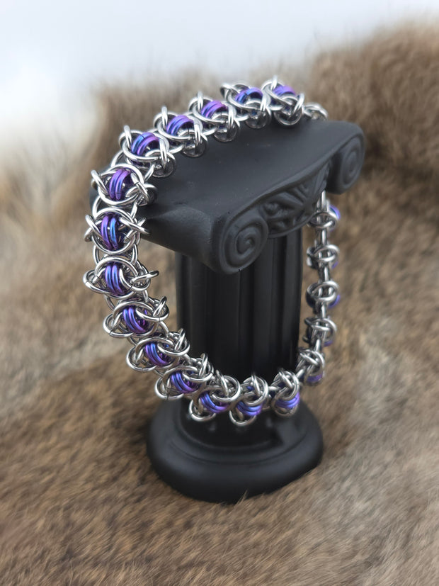 8.5" Stainless Steel and Mulberry Shimmer Niobium Odin's Eye Chainmail Bracelet