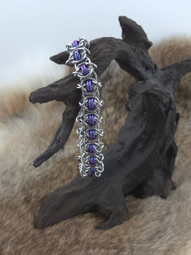 8.5" Stainless Steel and Mulberry Shimmer Niobium Odin's Eye Chainmail Bracelet