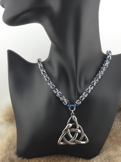 Celtic Knot Pendant with a Serpent on a 22" Stainless Steel and Blue Cornflower Niobium Byzantine Chainmail Necklace